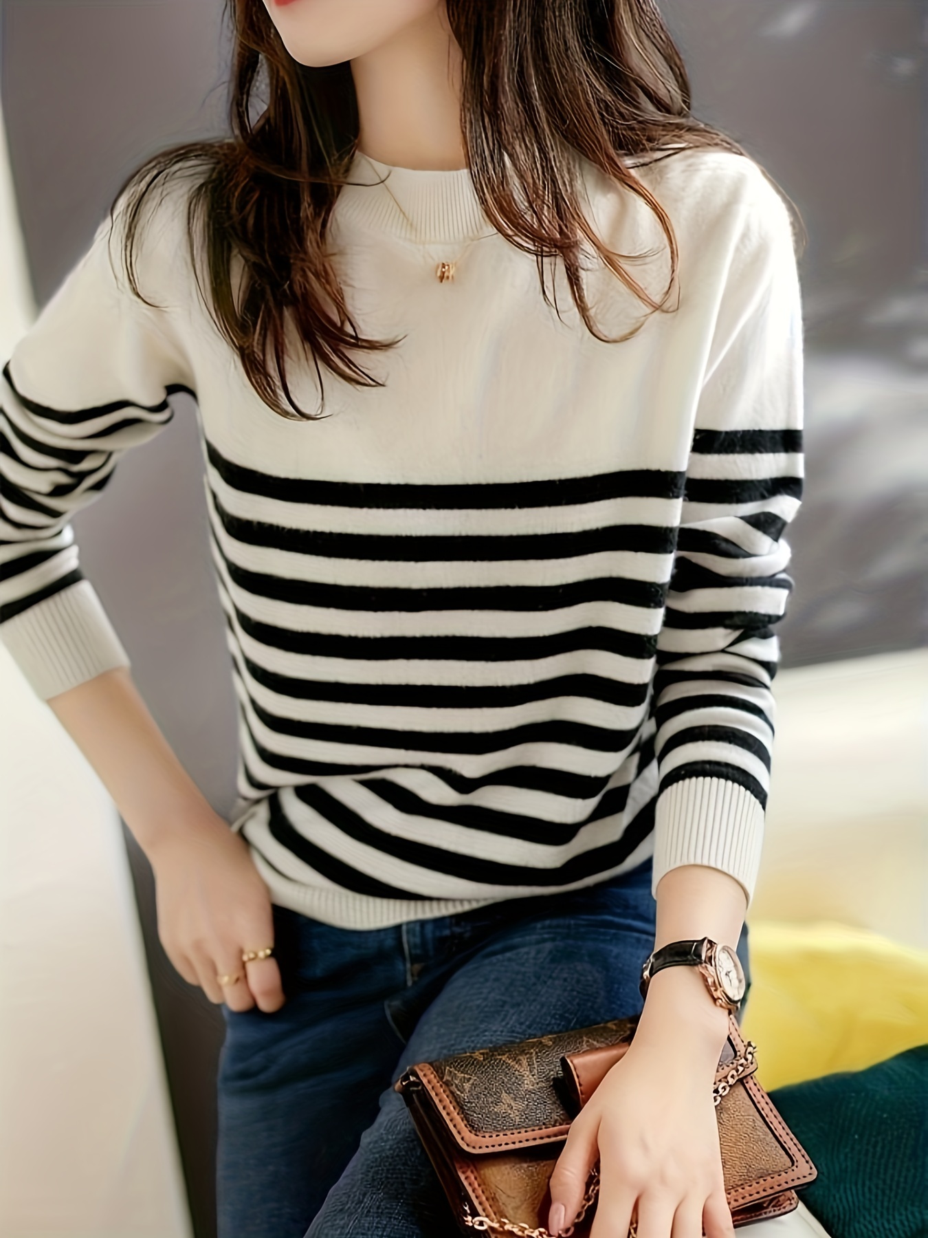 striped crew neck pullover sweater casual long sleeve versatile sweater womens clothing details 4