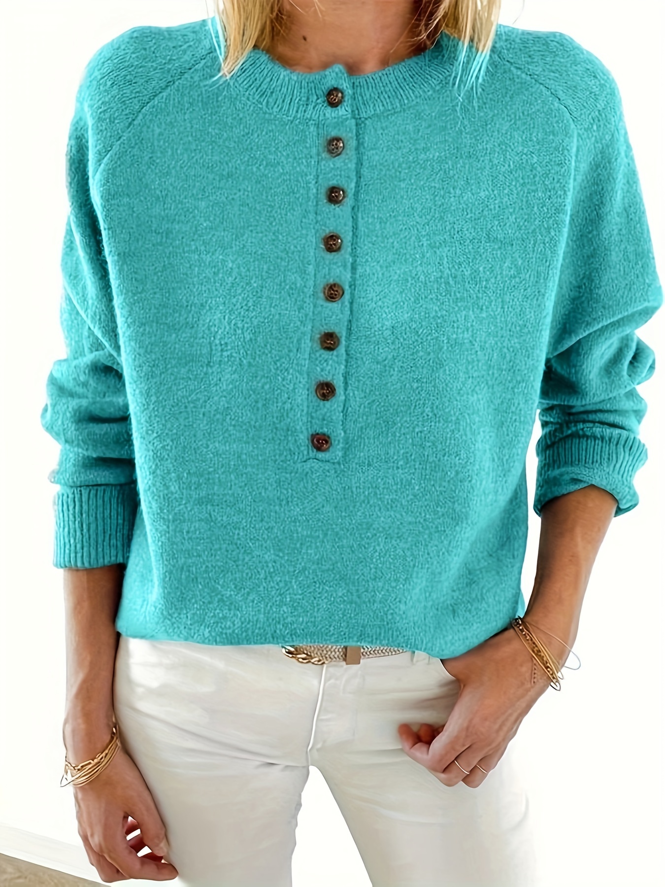 solid button down pullover sweater casual long sleeve drop shoulder sweater womens clothing details 3