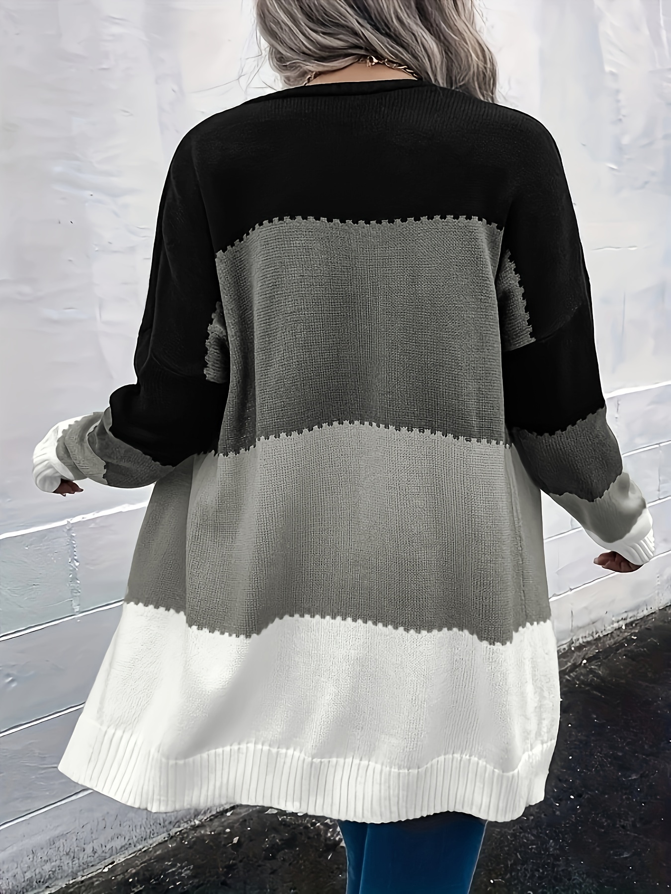 color block open front cardigan long sleeve casual sweater for winter fall womens clothing details 1