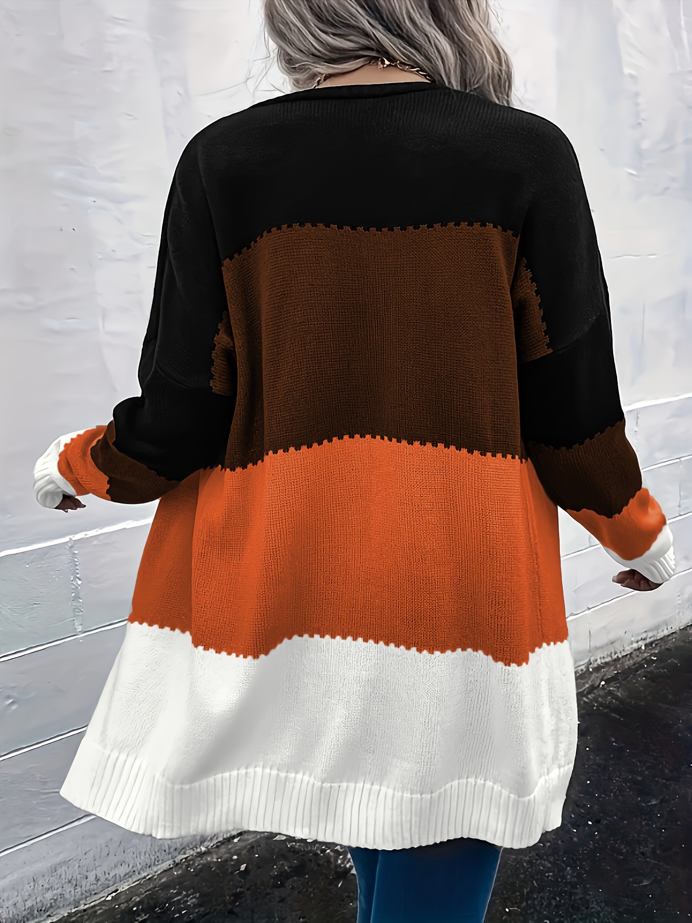 color block open front cardigan long sleeve casual sweater for winter fall womens clothing details 4