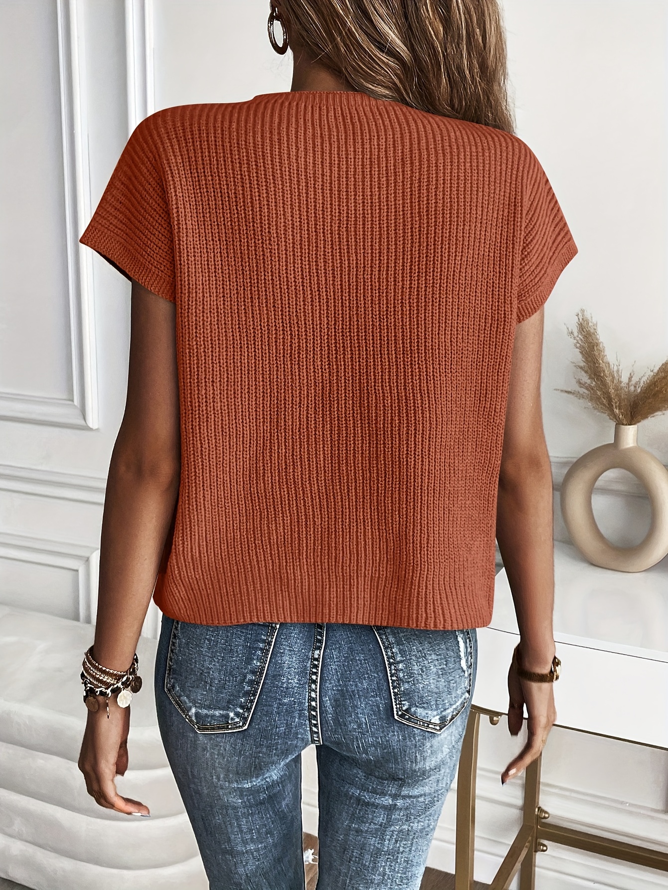 solid crew neck rib knit sweater casual short sleeve patched pocket pullover top womens clothing details 7