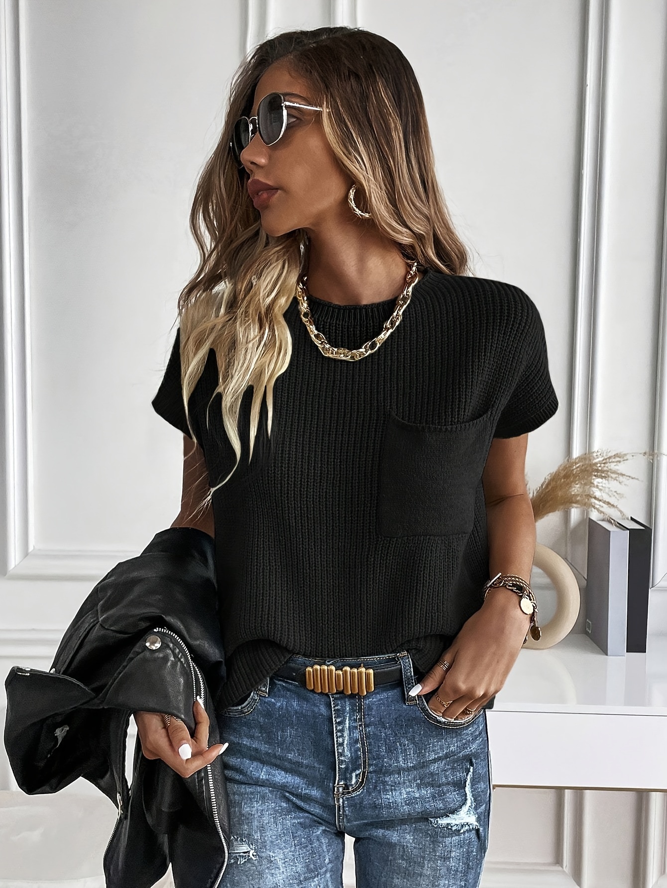 solid crew neck rib knit sweater casual short sleeve patched pocket pullover top womens clothing details 14