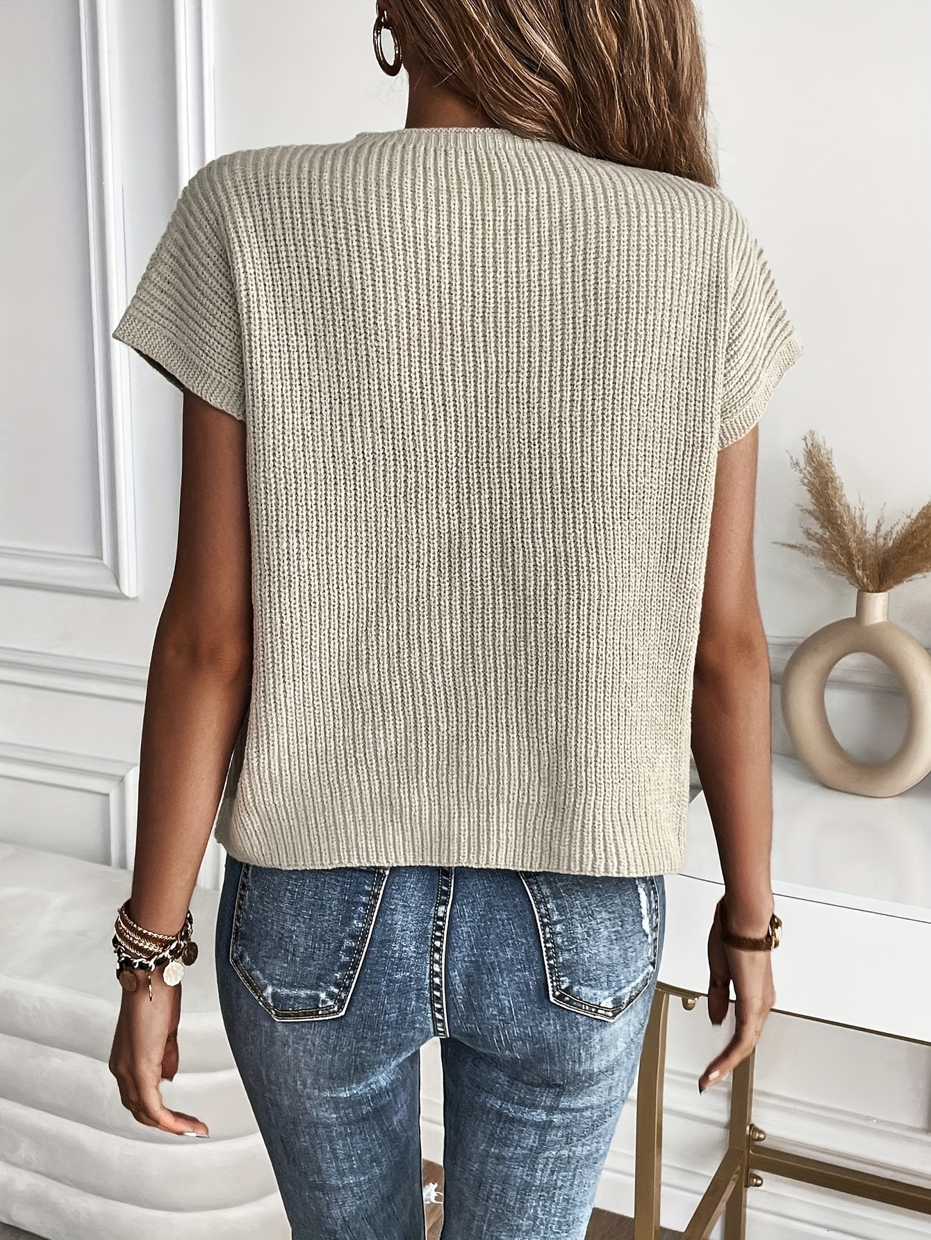 solid crew neck rib knit sweater casual short sleeve patched pocket pullover top womens clothing details 18