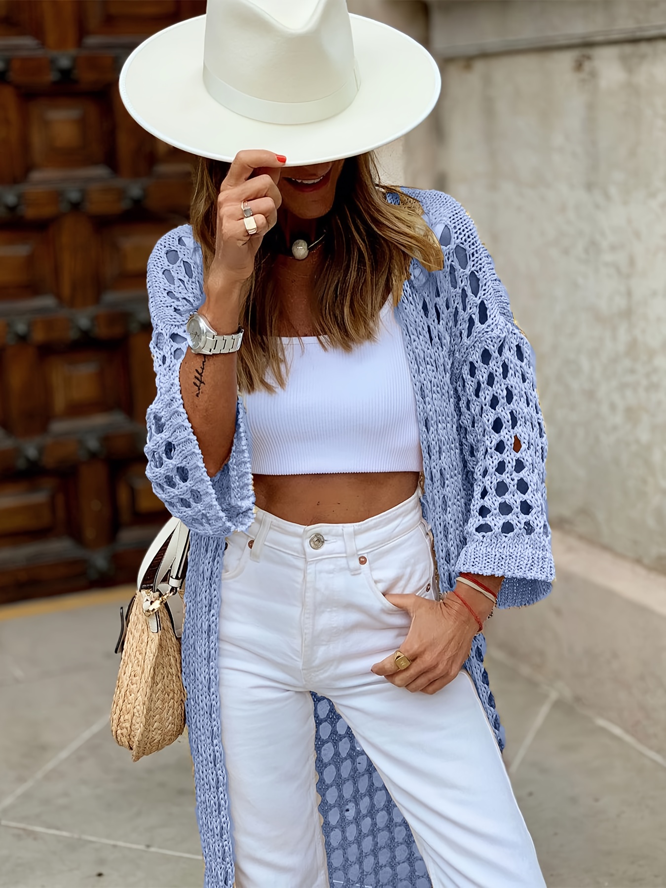 solid cut out crochet cardigan casual open front long length cardigan for spring fall womens clothing details 0