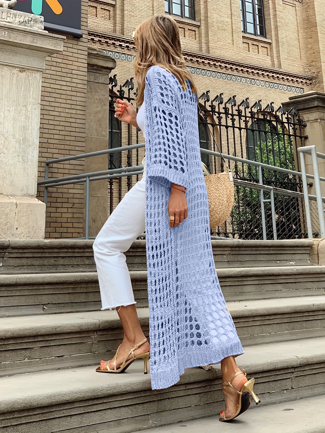 solid cut out crochet cardigan casual open front long length cardigan for spring fall womens clothing details 1