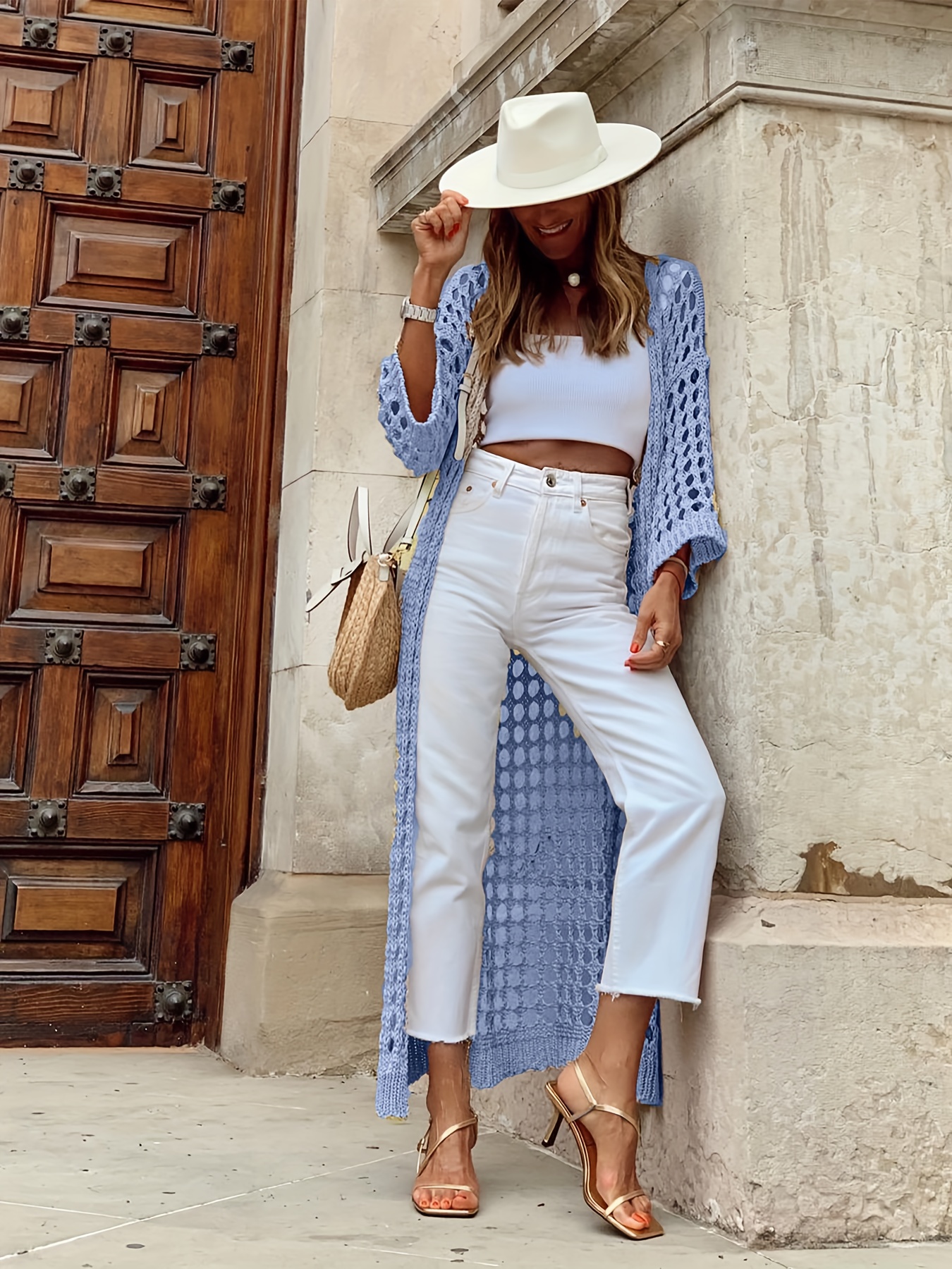 solid cut out crochet cardigan casual open front long length cardigan for spring fall womens clothing details 2