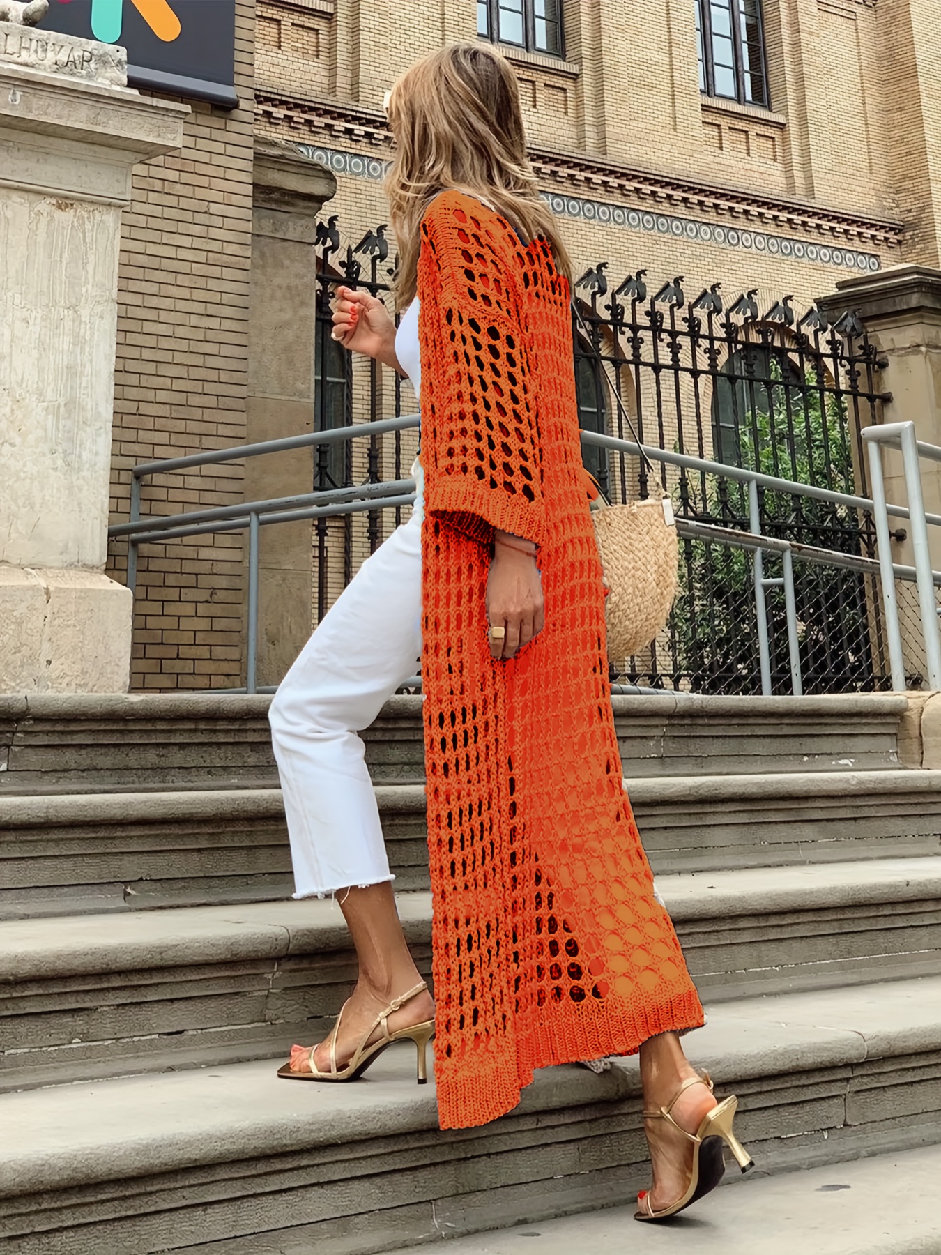 solid cut out crochet cardigan casual open front long length cardigan for spring fall womens clothing details 5