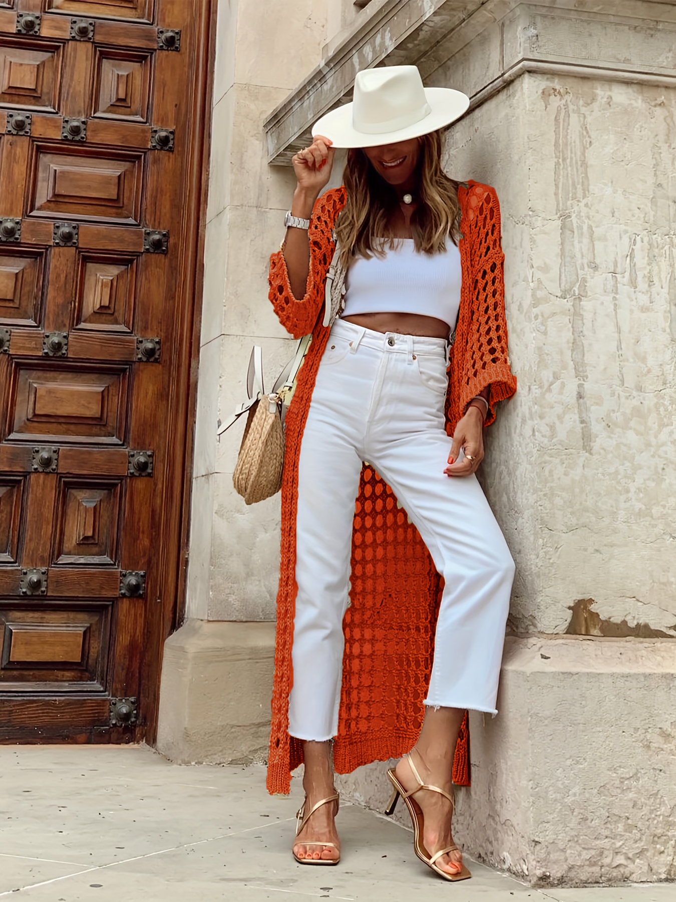 solid cut out crochet cardigan casual open front long length cardigan for spring fall womens clothing details 6