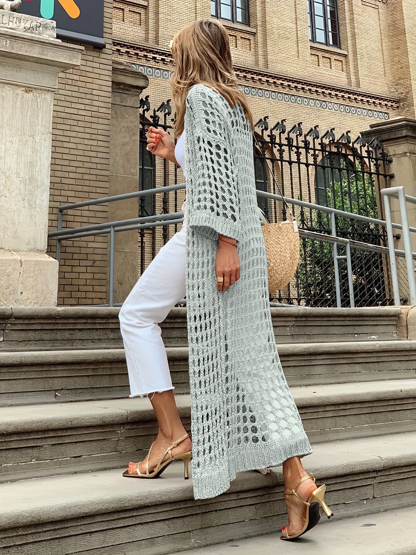 solid cut out crochet cardigan casual open front long length cardigan for spring fall womens clothing details 9