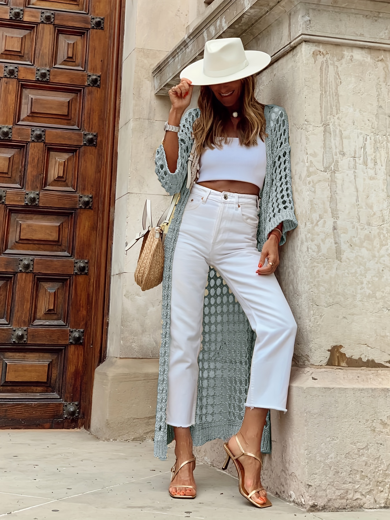 solid cut out crochet cardigan casual open front long length cardigan for spring fall womens clothing details 10