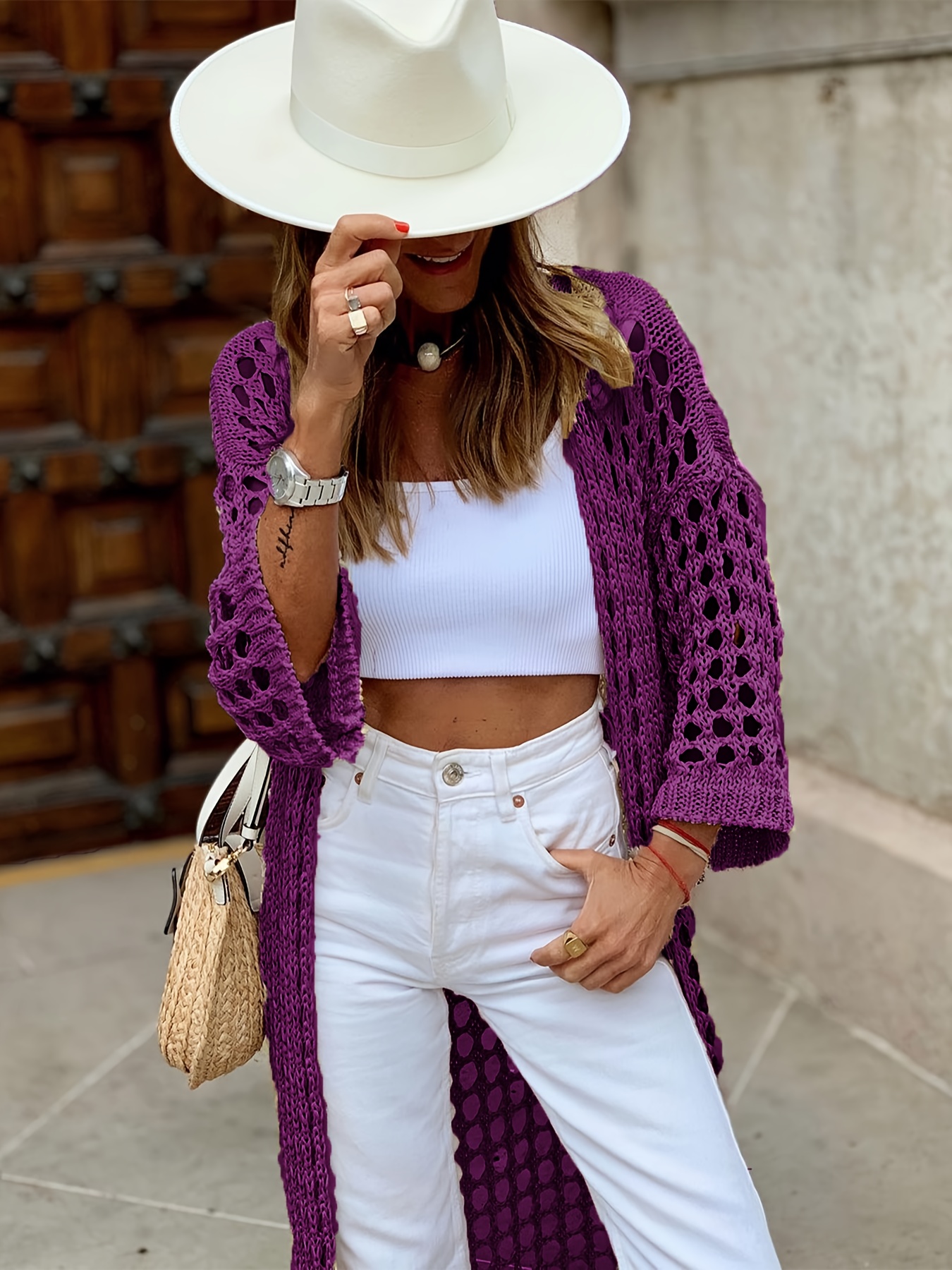 solid cut out crochet cardigan casual open front long length cardigan for spring fall womens clothing details 12