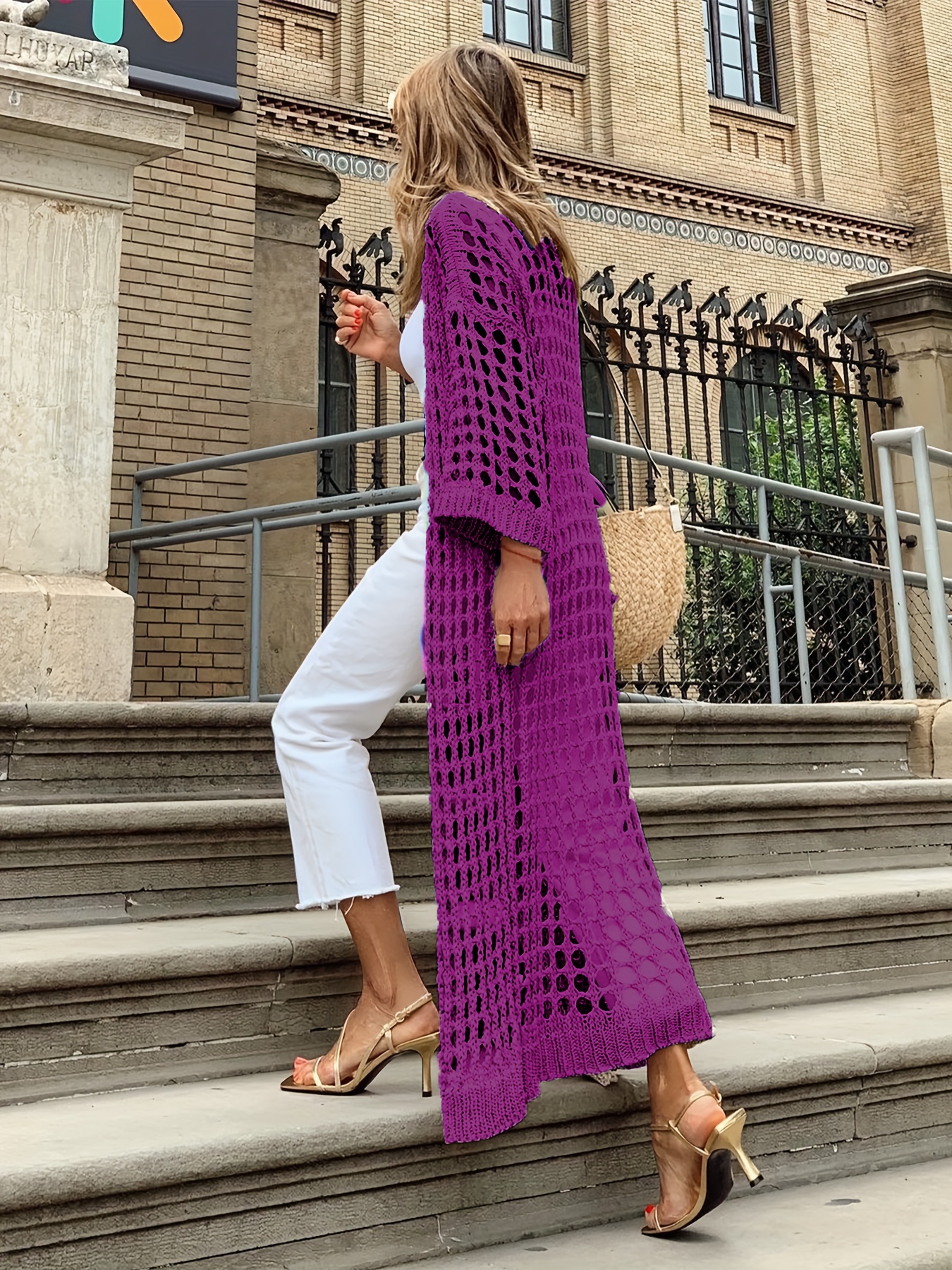 solid cut out crochet cardigan casual open front long length cardigan for spring fall womens clothing details 13