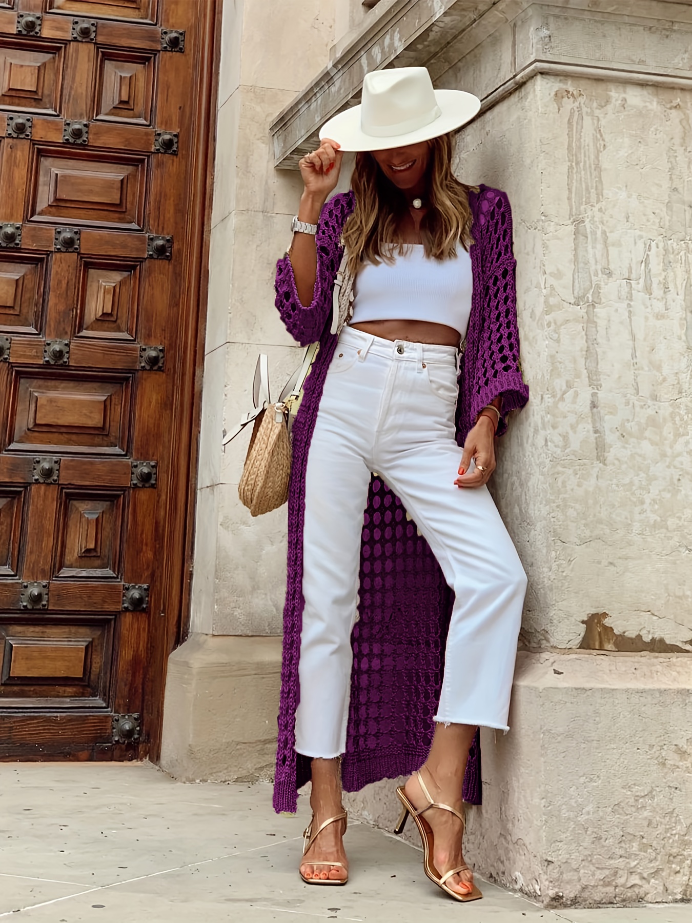 solid cut out crochet cardigan casual open front long length cardigan for spring fall womens clothing details 14