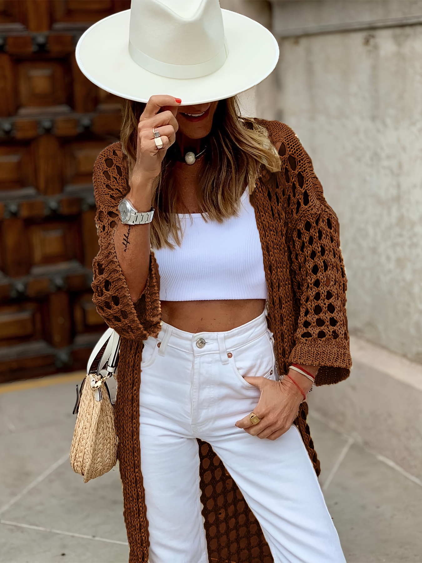 solid cut out crochet cardigan casual open front long length cardigan for spring fall womens clothing details 16