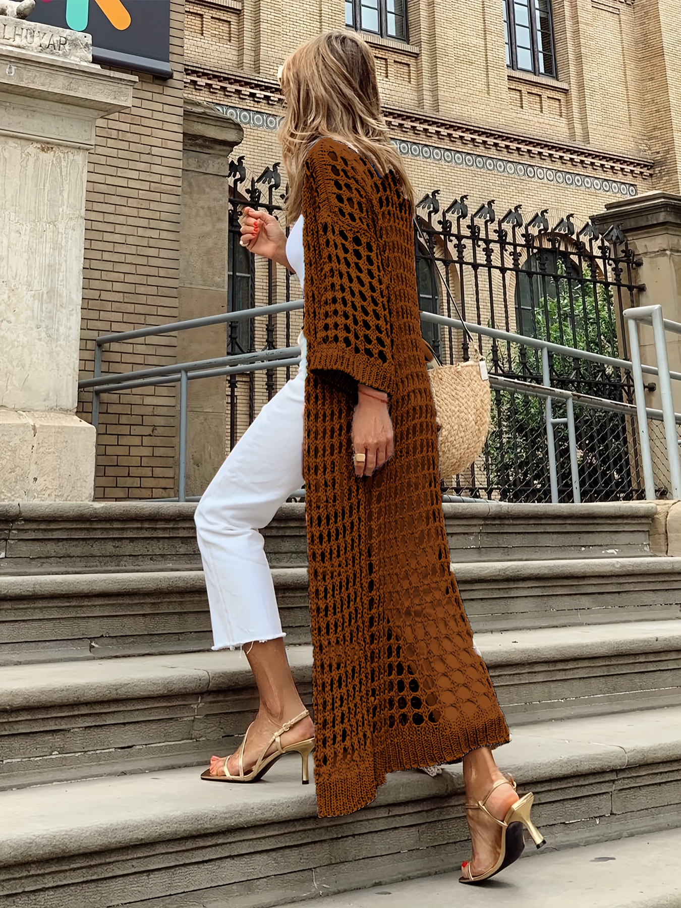 solid cut out crochet cardigan casual open front long length cardigan for spring fall womens clothing details 17