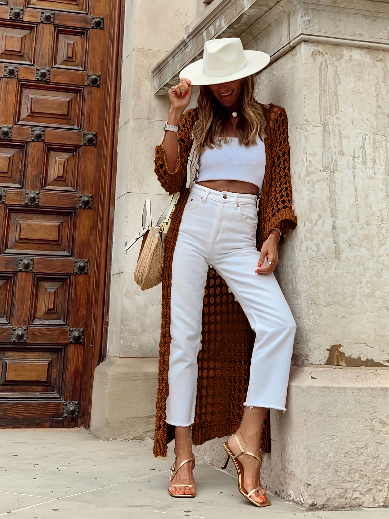 solid cut out crochet cardigan casual open front long length cardigan for spring fall womens clothing details 18