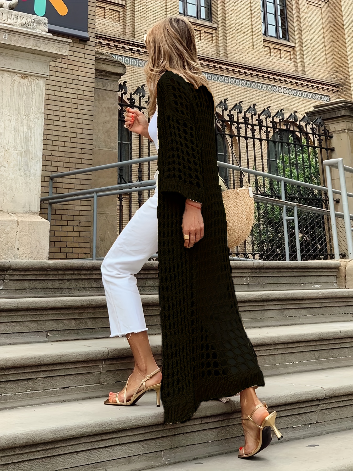 solid cut out crochet cardigan casual open front long length cardigan for spring fall womens clothing details 21