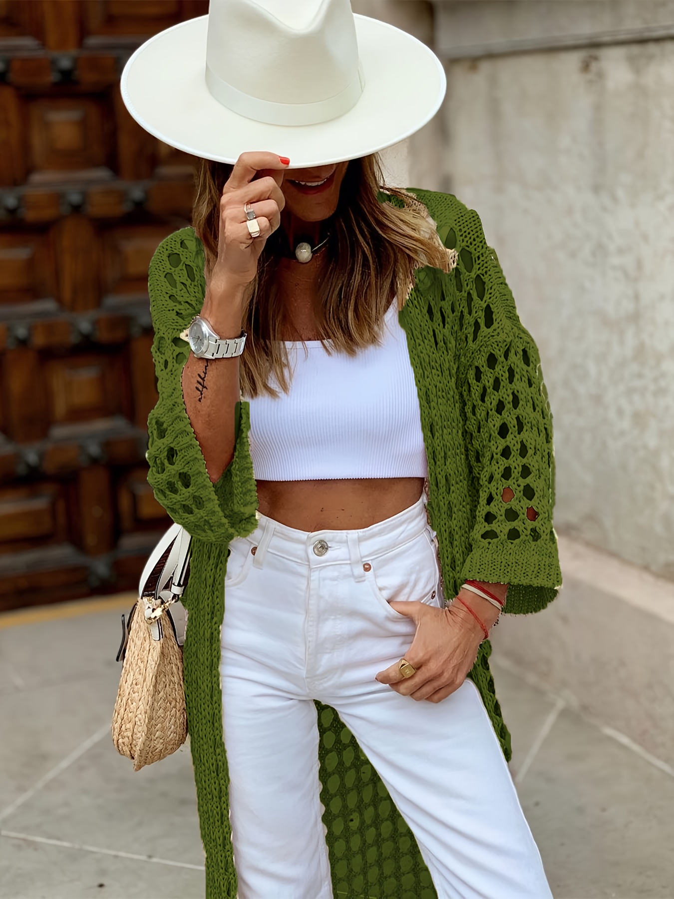 solid cut out crochet cardigan casual open front long length cardigan for spring fall womens clothing details 24