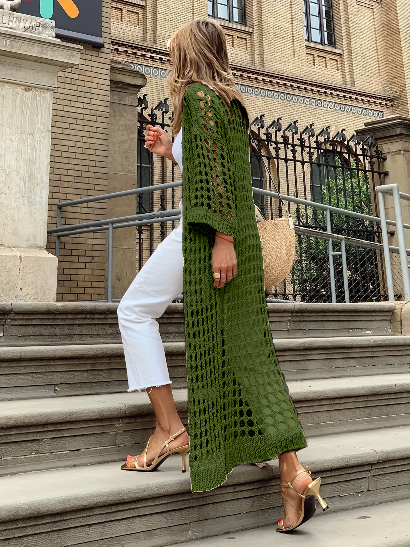 solid cut out crochet cardigan casual open front long length cardigan for spring fall womens clothing details 25