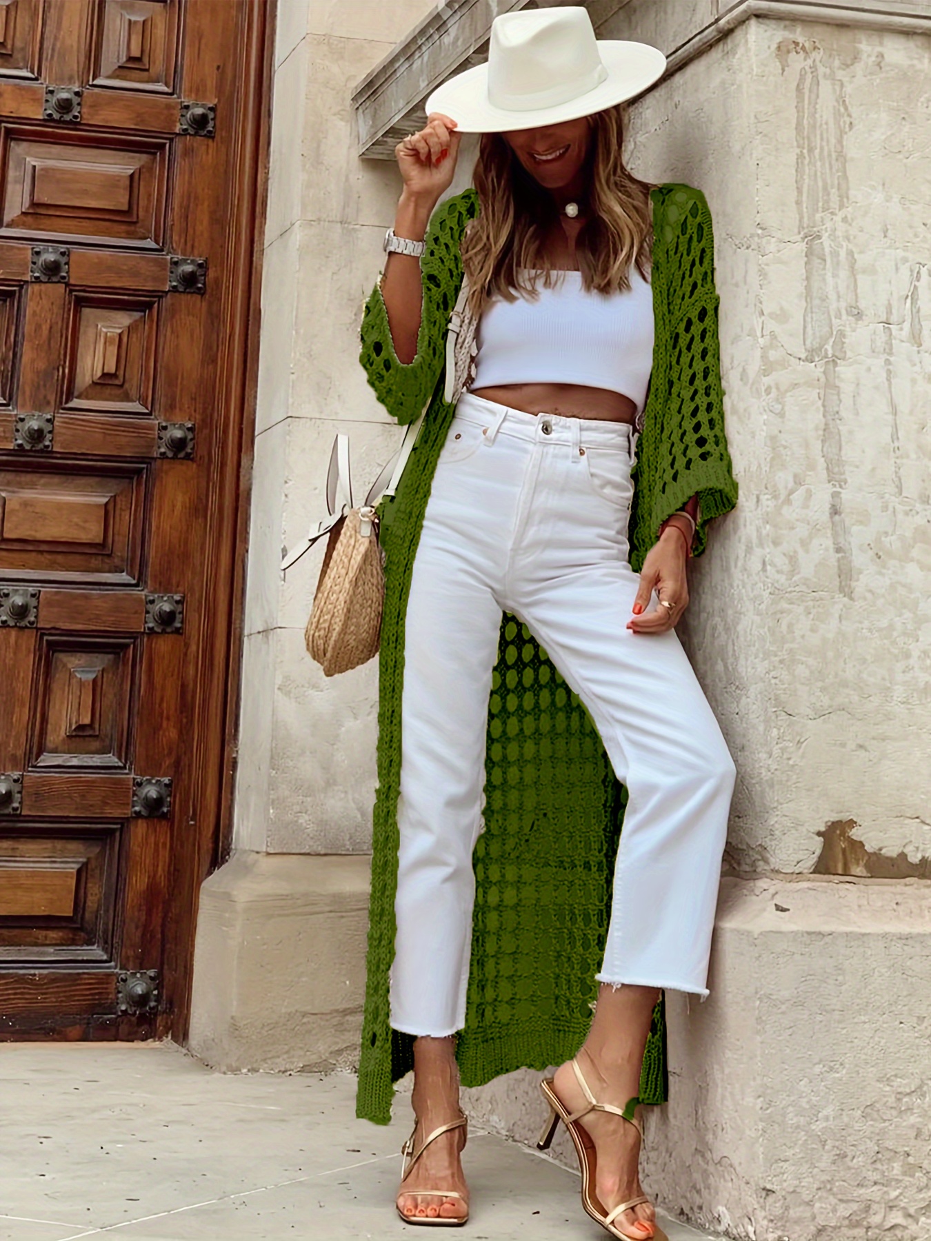 solid cut out crochet cardigan casual open front long length cardigan for spring fall womens clothing details 26