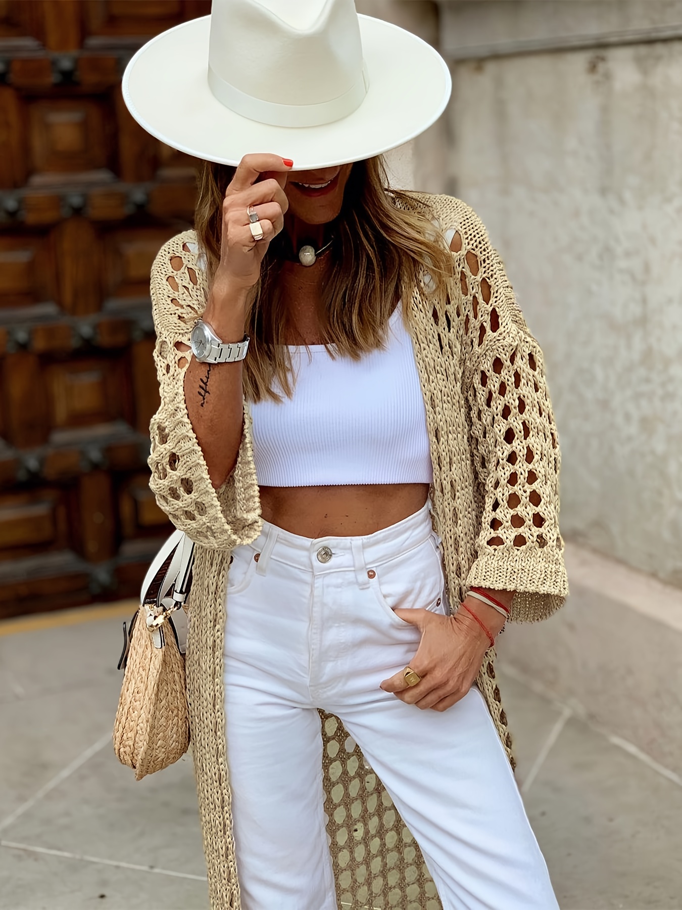 solid cut out crochet cardigan casual open front long length cardigan for spring fall womens clothing details 28