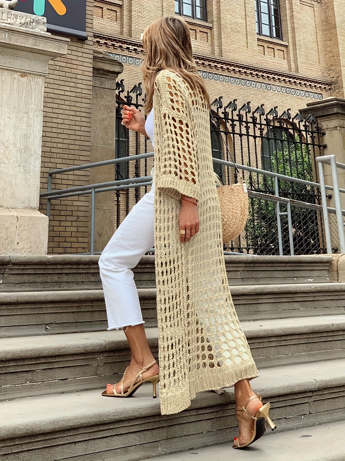 solid cut out crochet cardigan casual open front long length cardigan for spring fall womens clothing details 29