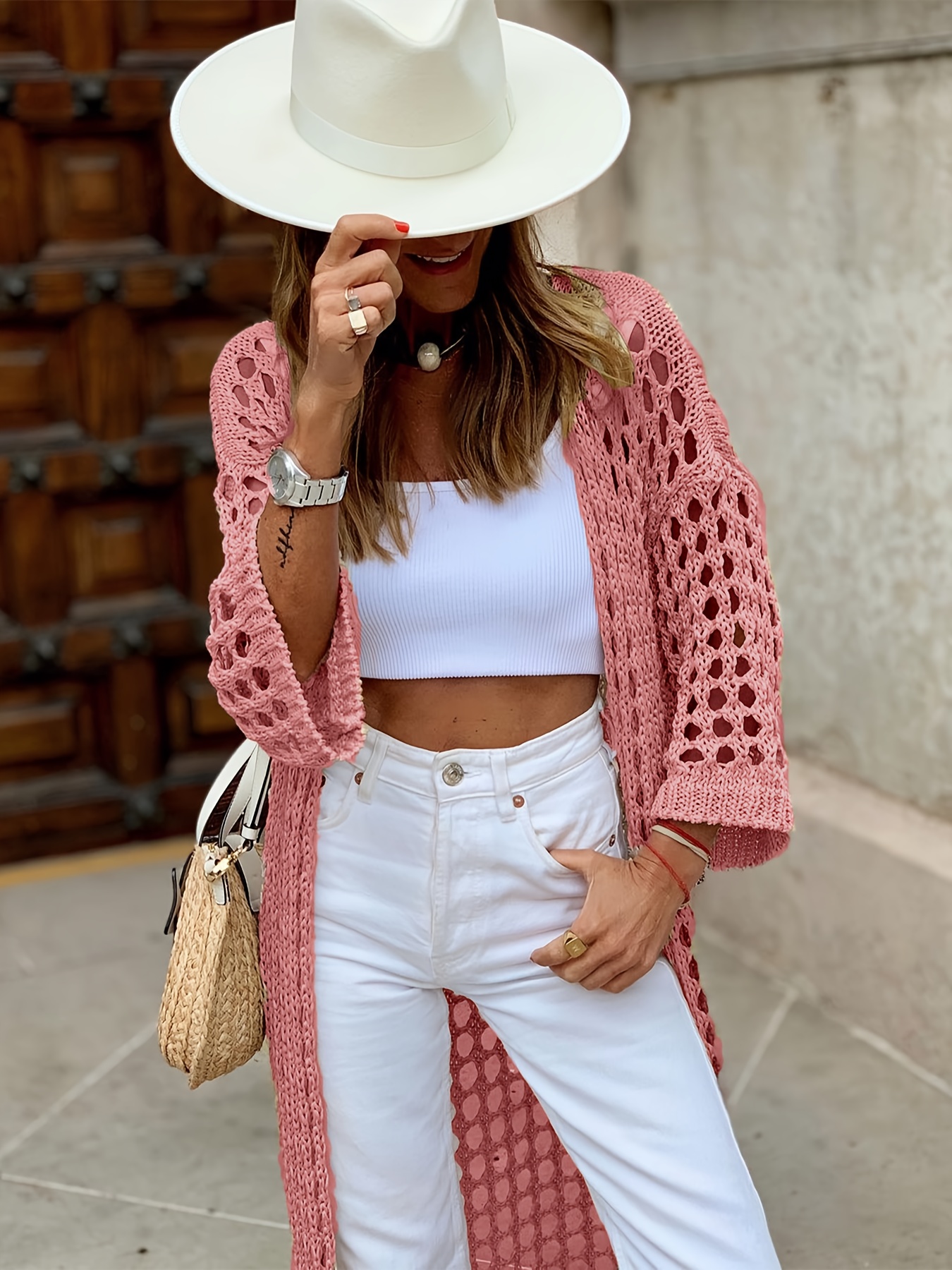solid cut out crochet cardigan casual open front long length cardigan for spring fall womens clothing details 32