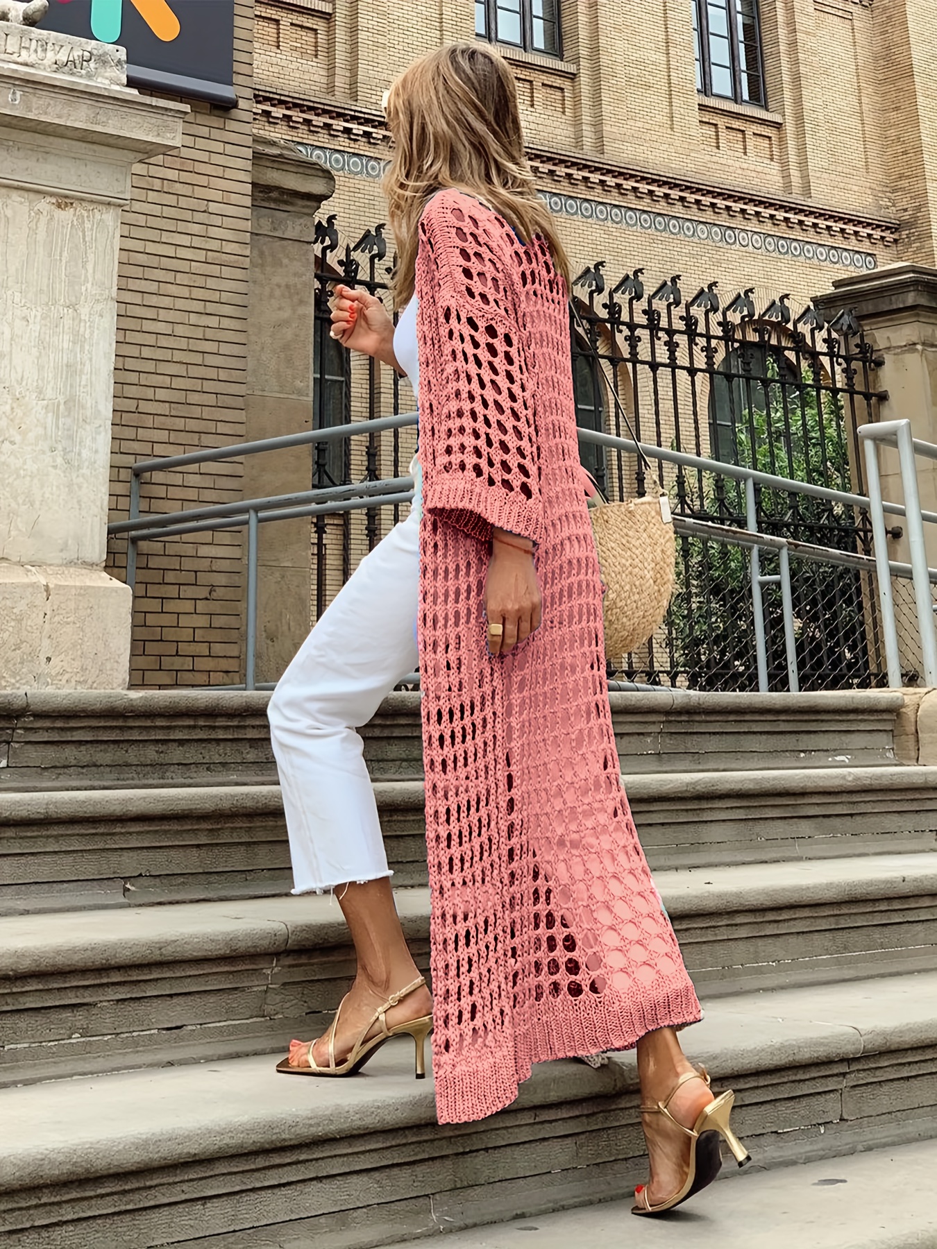 solid cut out crochet cardigan casual open front long length cardigan for spring fall womens clothing details 33