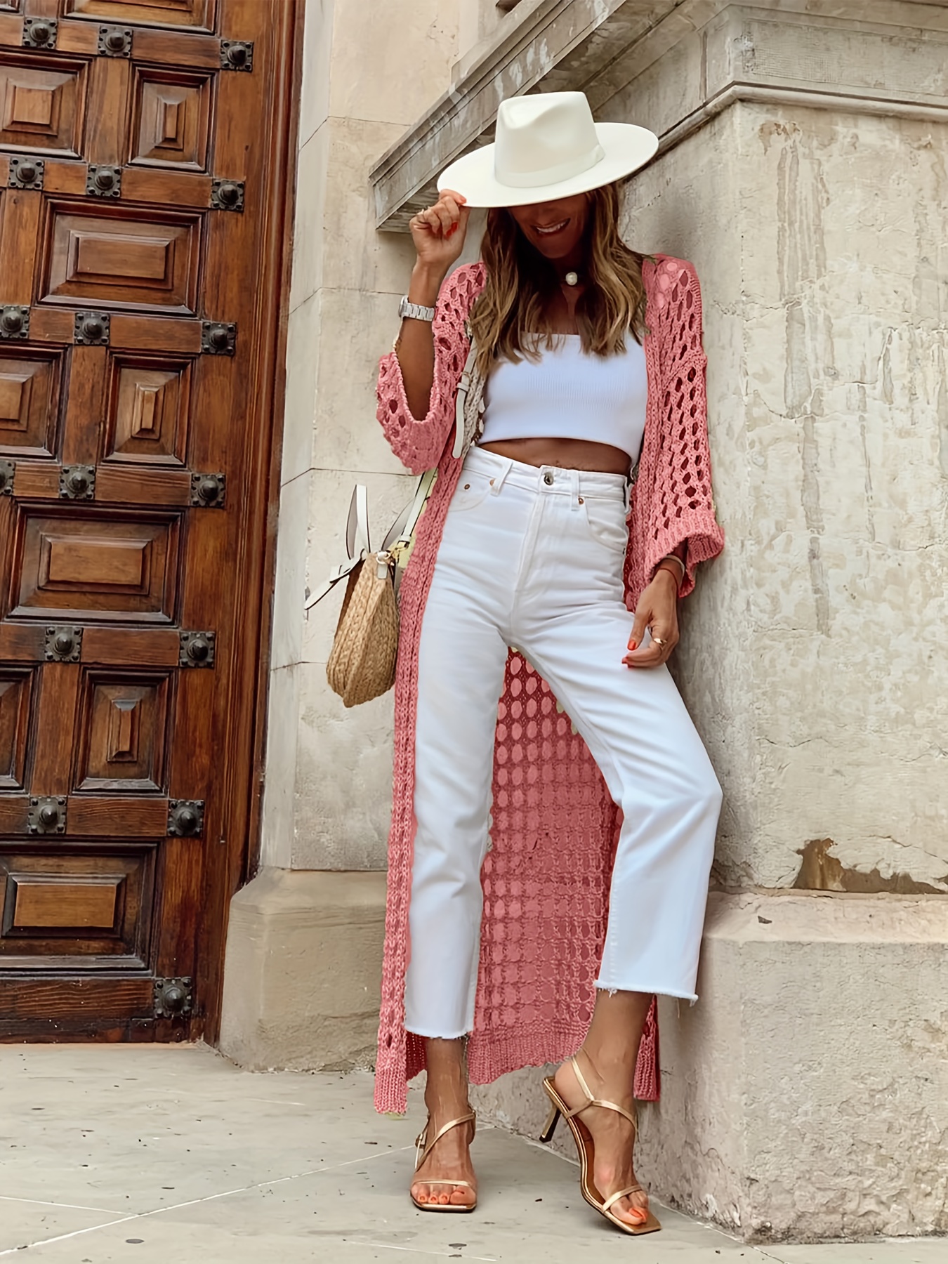 solid cut out crochet cardigan casual open front long length cardigan for spring fall womens clothing details 34