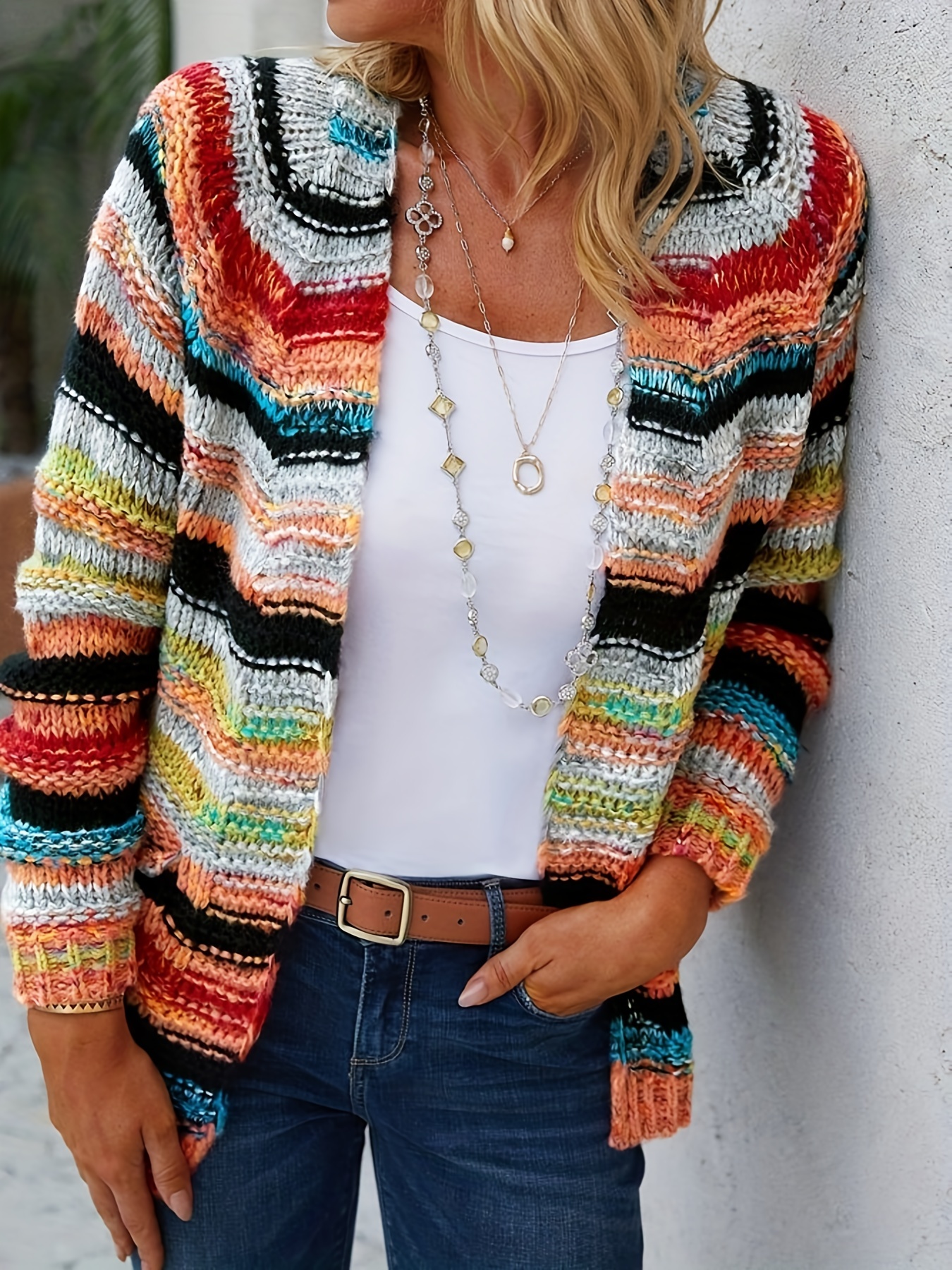 rainbow striped open front cardigan casual long sleeve cardigan for spring fall womens clothing details 12