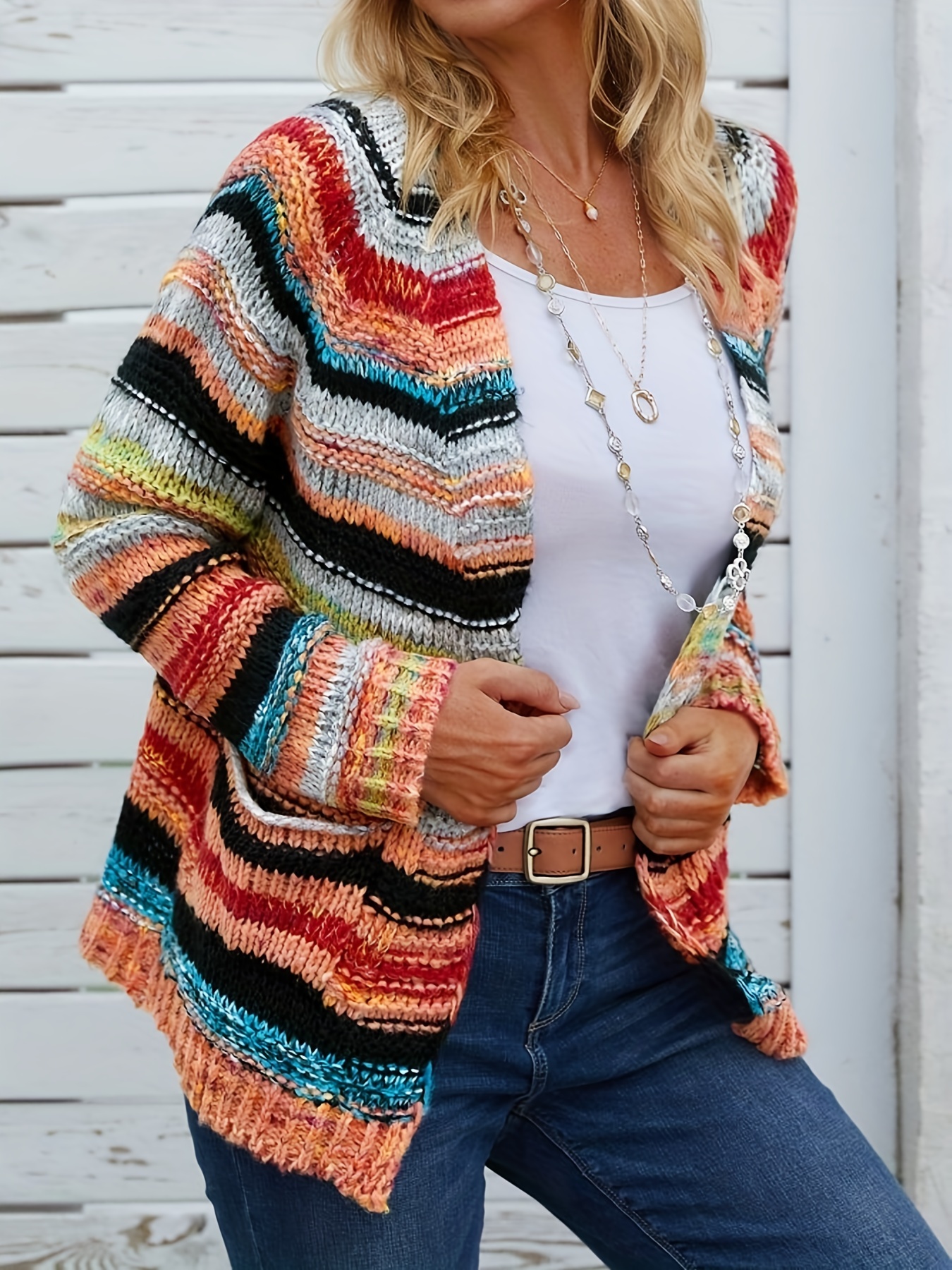 rainbow striped open front cardigan casual long sleeve cardigan for spring fall womens clothing details 13
