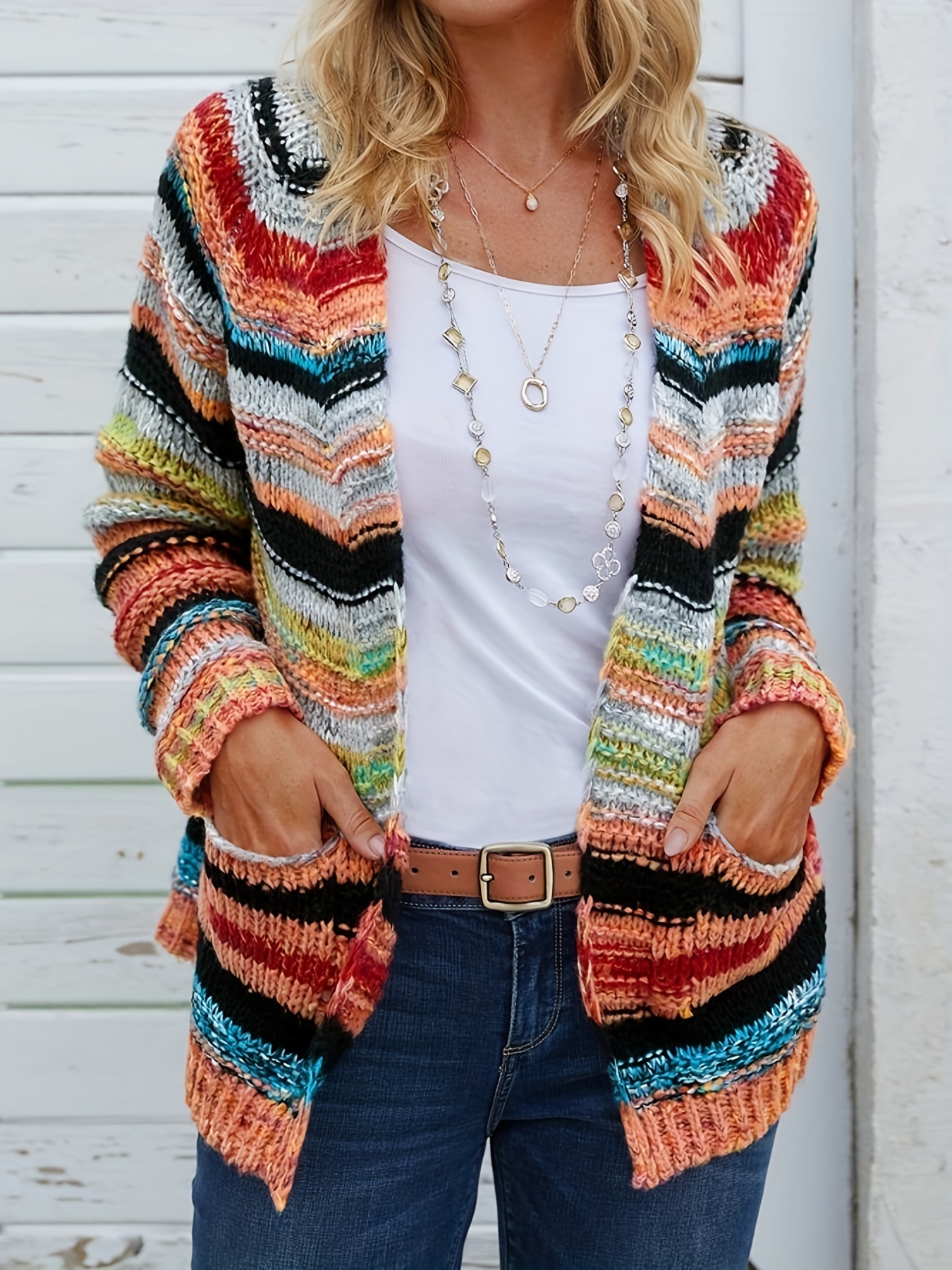 rainbow striped open front cardigan casual long sleeve cardigan for spring fall womens clothing details 14