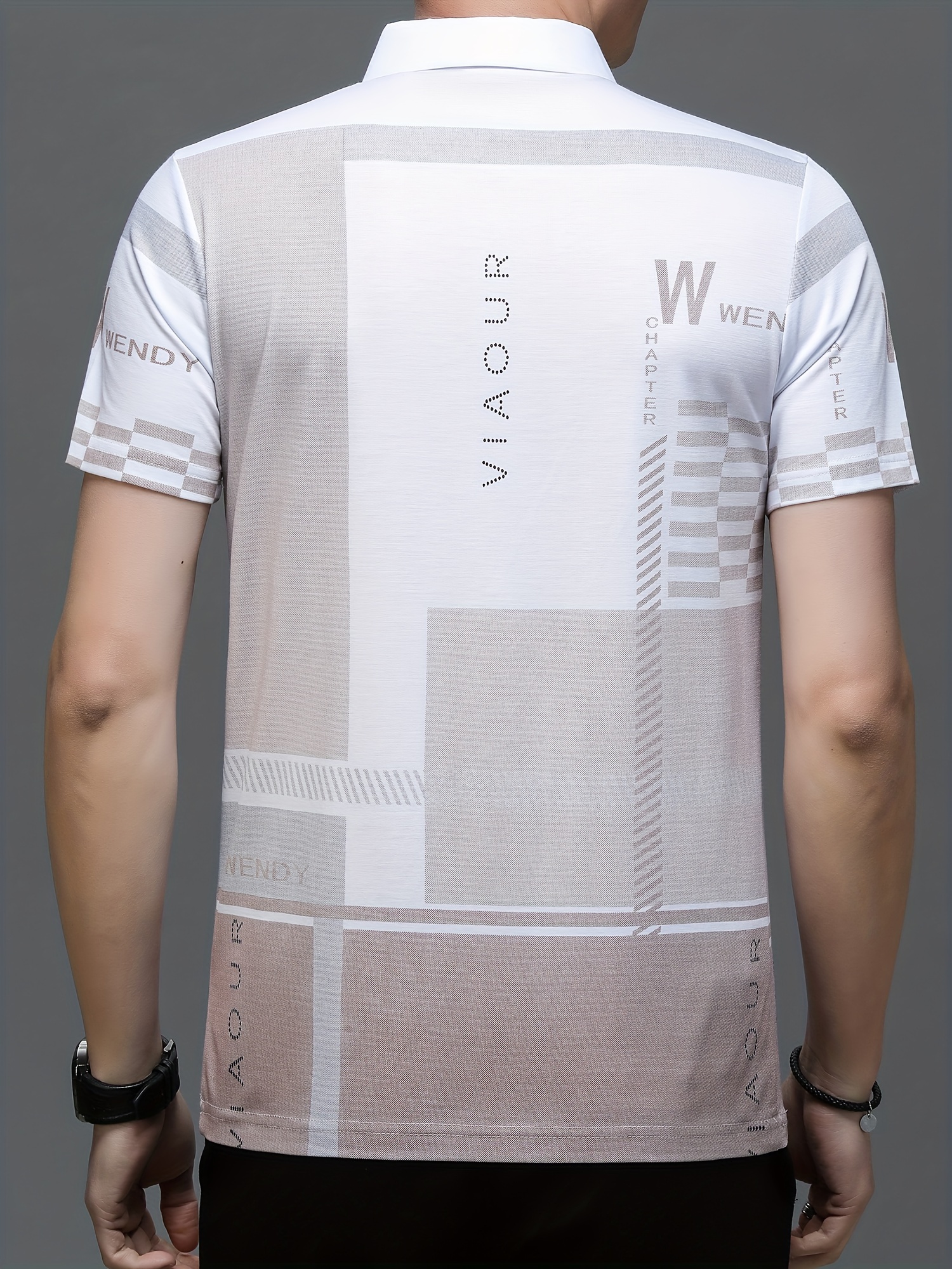 mens irregular geometric pattern and alphabet print sports shirt with henley neck lapel collar and short sleeve casual and chic tee for men tops suitable for summer outdoors activities details 1