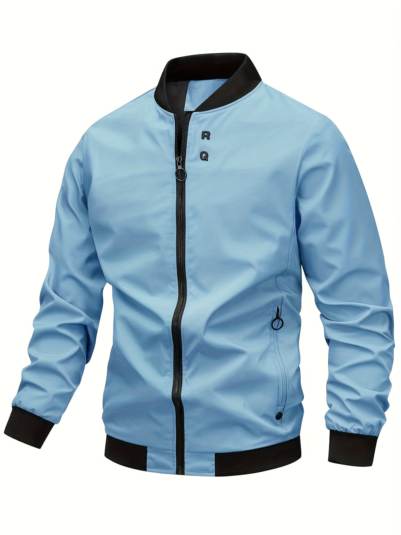 mens solid sports jacket with zipper pockets casual baseball collar zip up long sleeve outwear for spring fall details 0