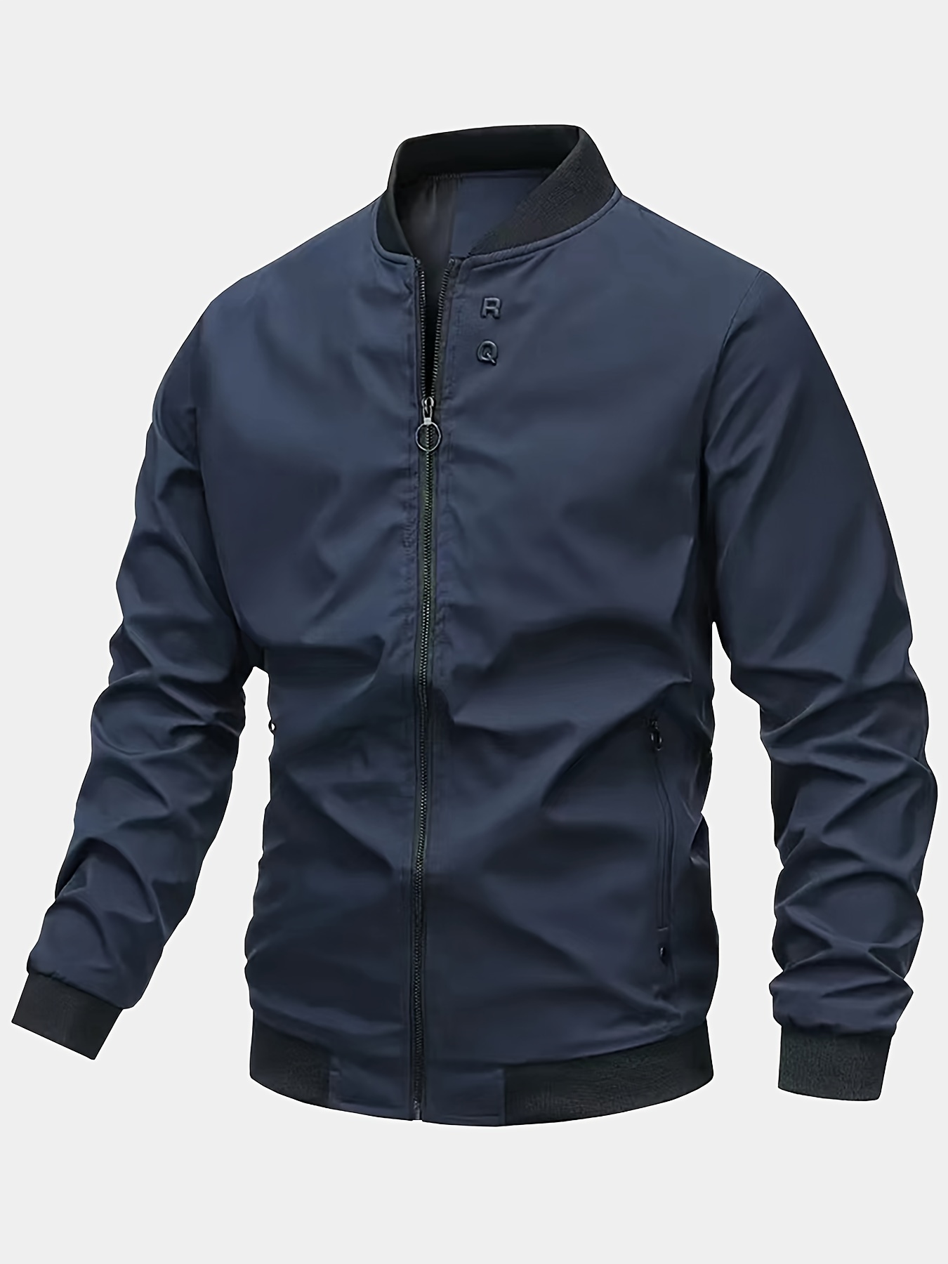 mens solid sports jacket with zipper pockets casual baseball collar zip up long sleeve outwear for spring fall details 5