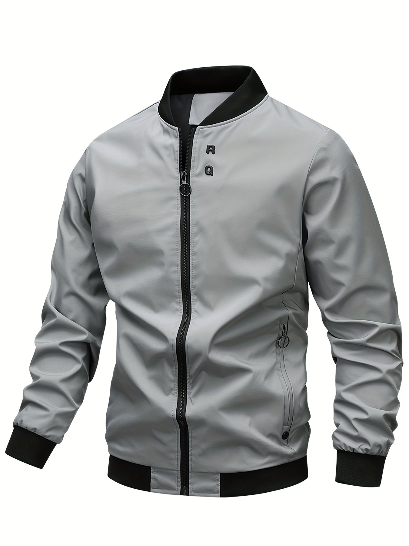mens solid sports jacket with zipper pockets casual baseball collar zip up long sleeve outwear for spring fall details 10