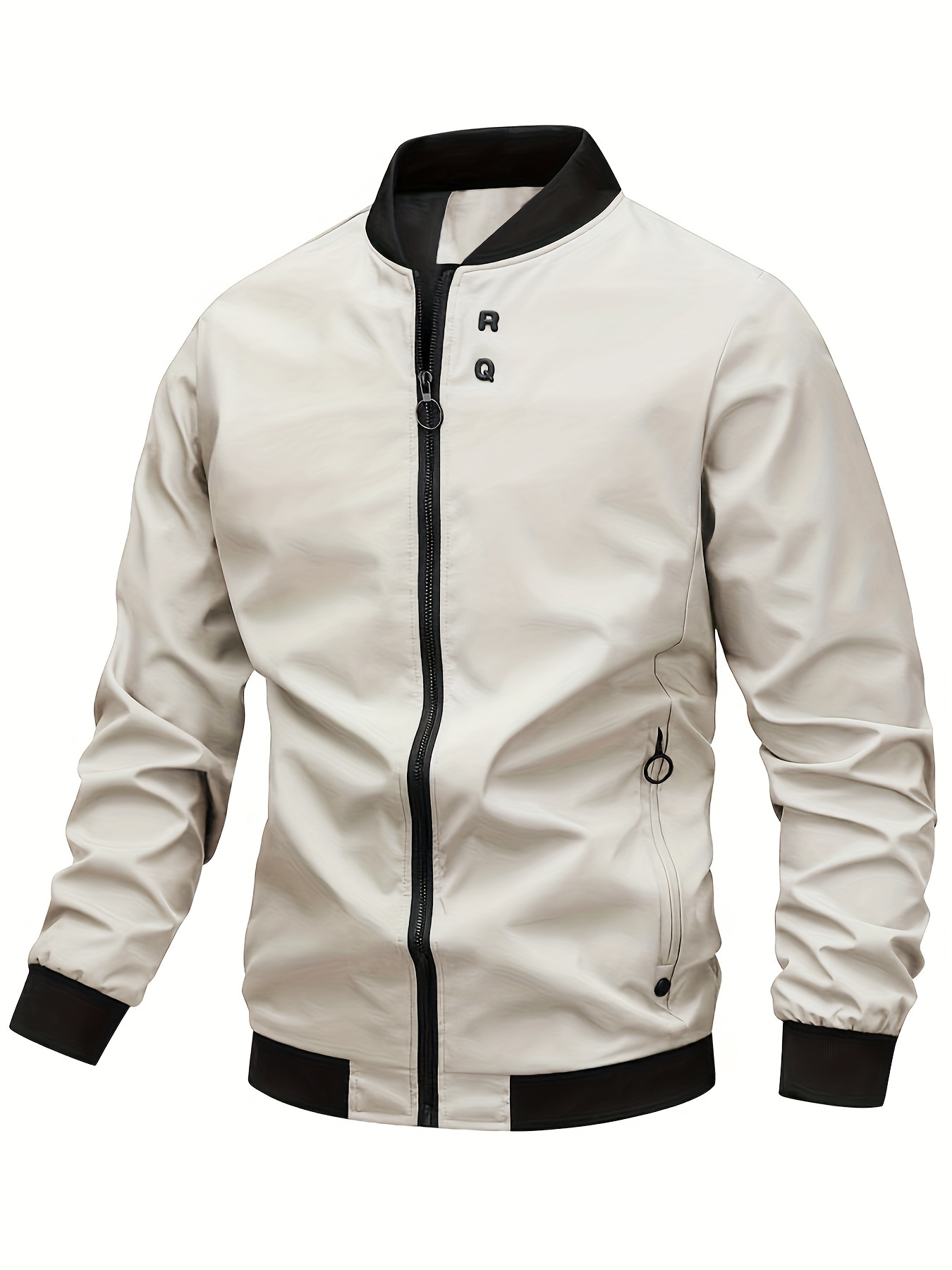 mens solid sports jacket with zipper pockets casual baseball collar zip up long sleeve outwear for spring fall details 15