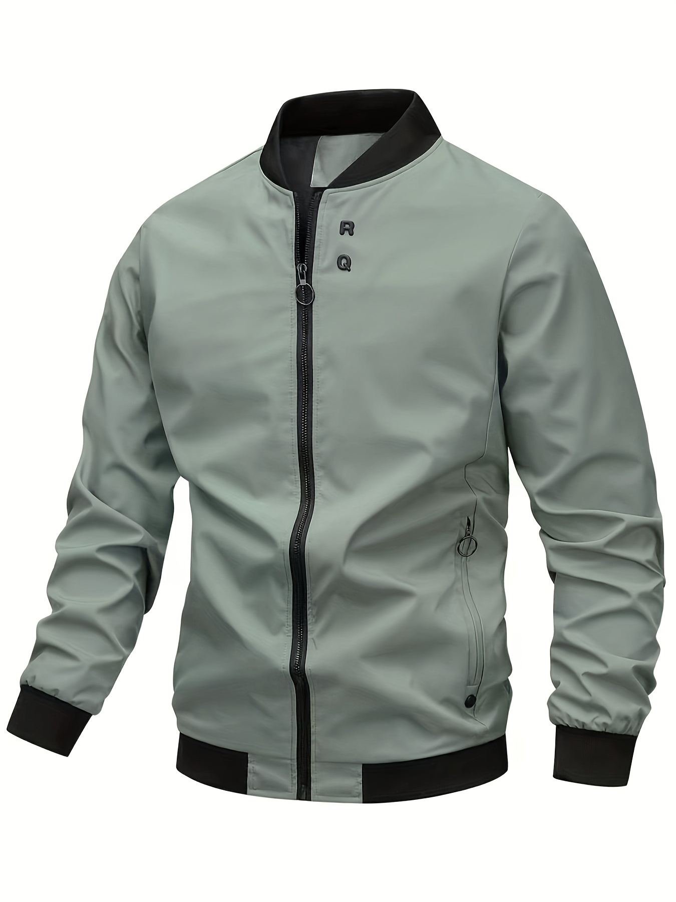 mens solid sports jacket with zipper pockets casual baseball collar zip up long sleeve outwear for spring fall details 20