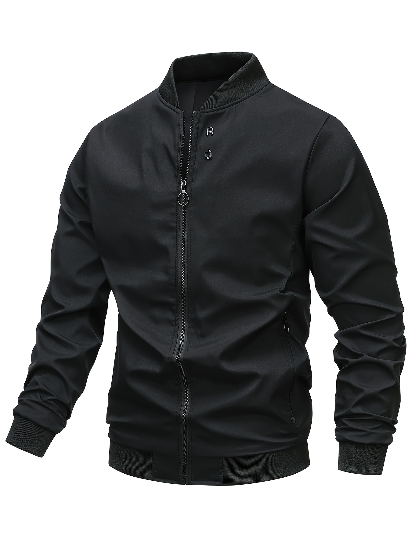 mens solid sports jacket with zipper pockets casual baseball collar zip up long sleeve outwear for spring fall details 25