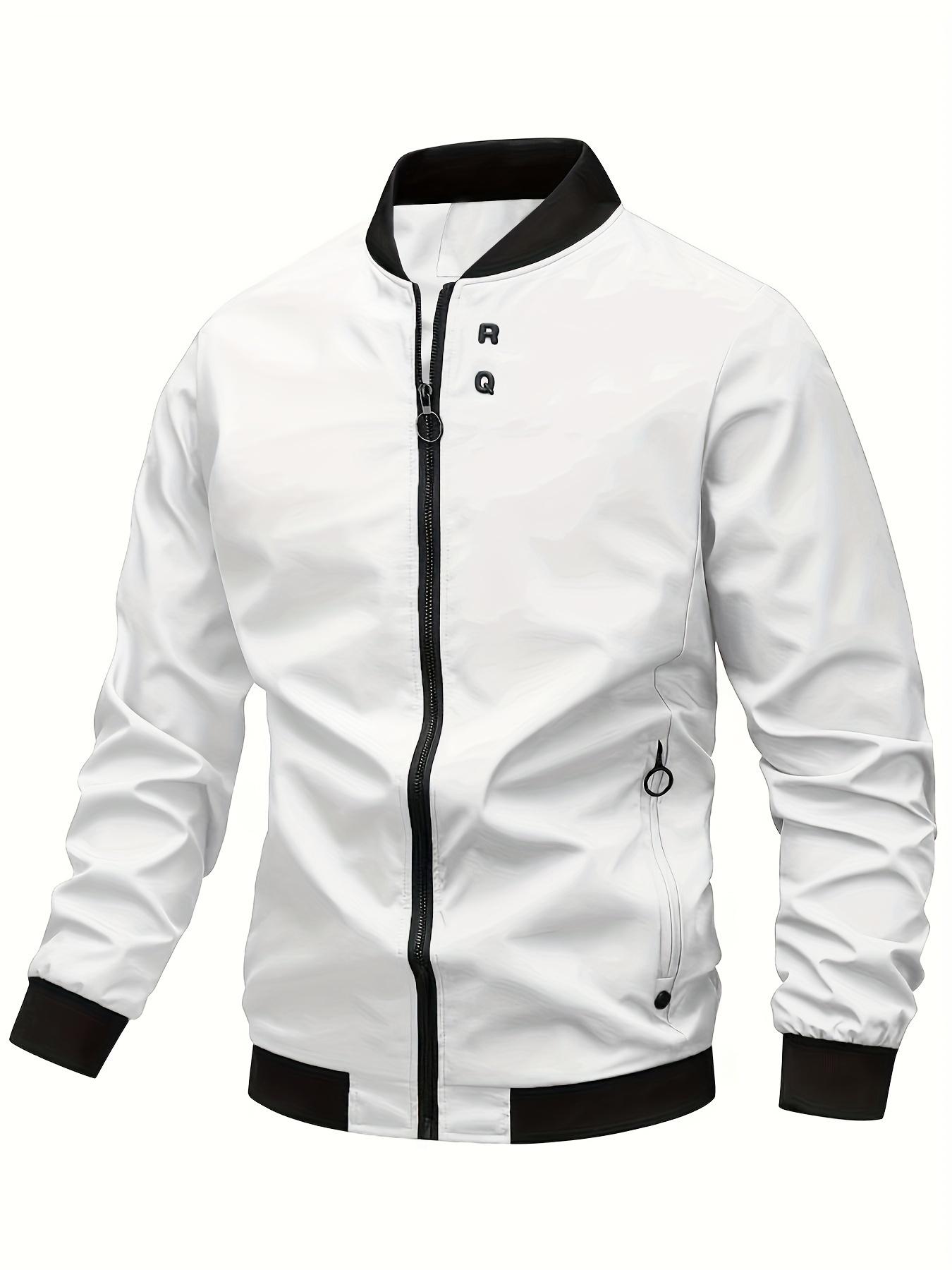 mens solid sports jacket with zipper pockets casual baseball collar zip up long sleeve outwear for spring fall details 30