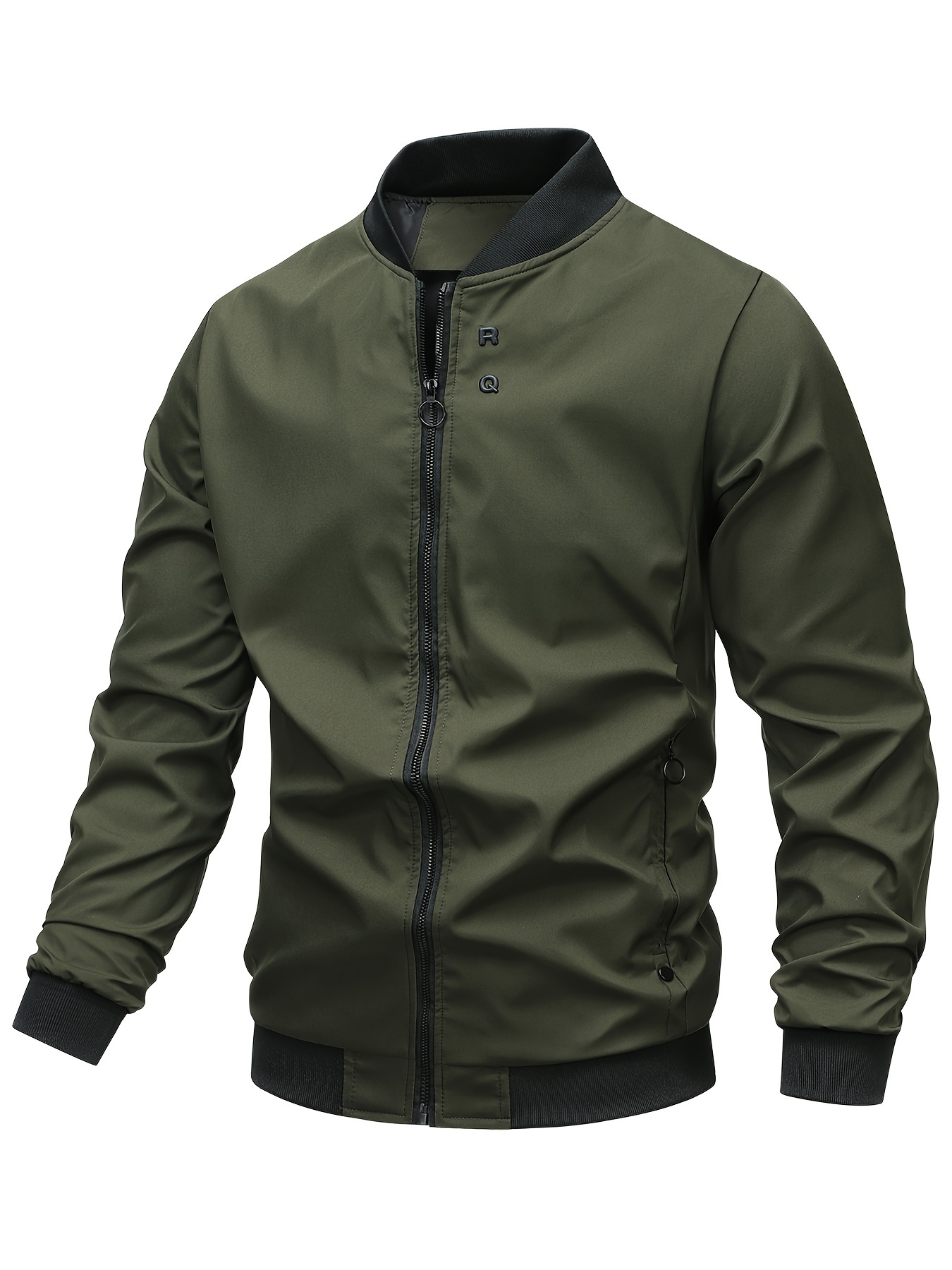 mens solid sports jacket with zipper pockets casual baseball collar zip up long sleeve outwear for spring fall details 36
