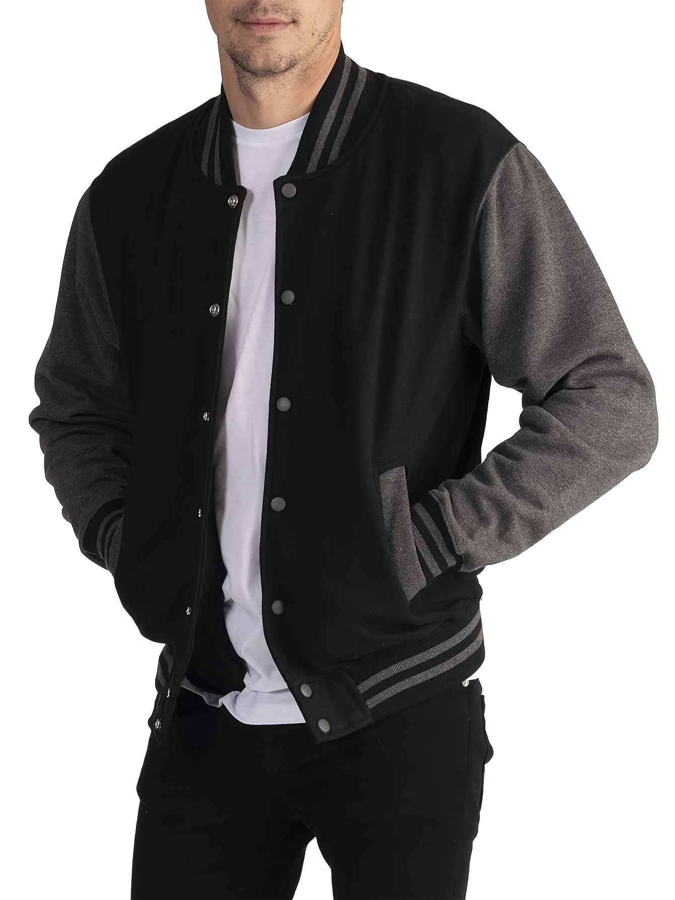 mens varsity style contrast color long sleeve and button down baseball jacket with stand collar and pockets chic and casual sports jacket for spring and autumn outdoors activities details 0