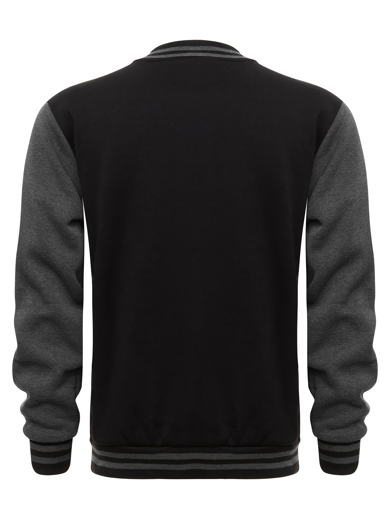 mens varsity style contrast color long sleeve and button down baseball jacket with stand collar and pockets chic and casual sports jacket for spring and autumn outdoors activities details 4