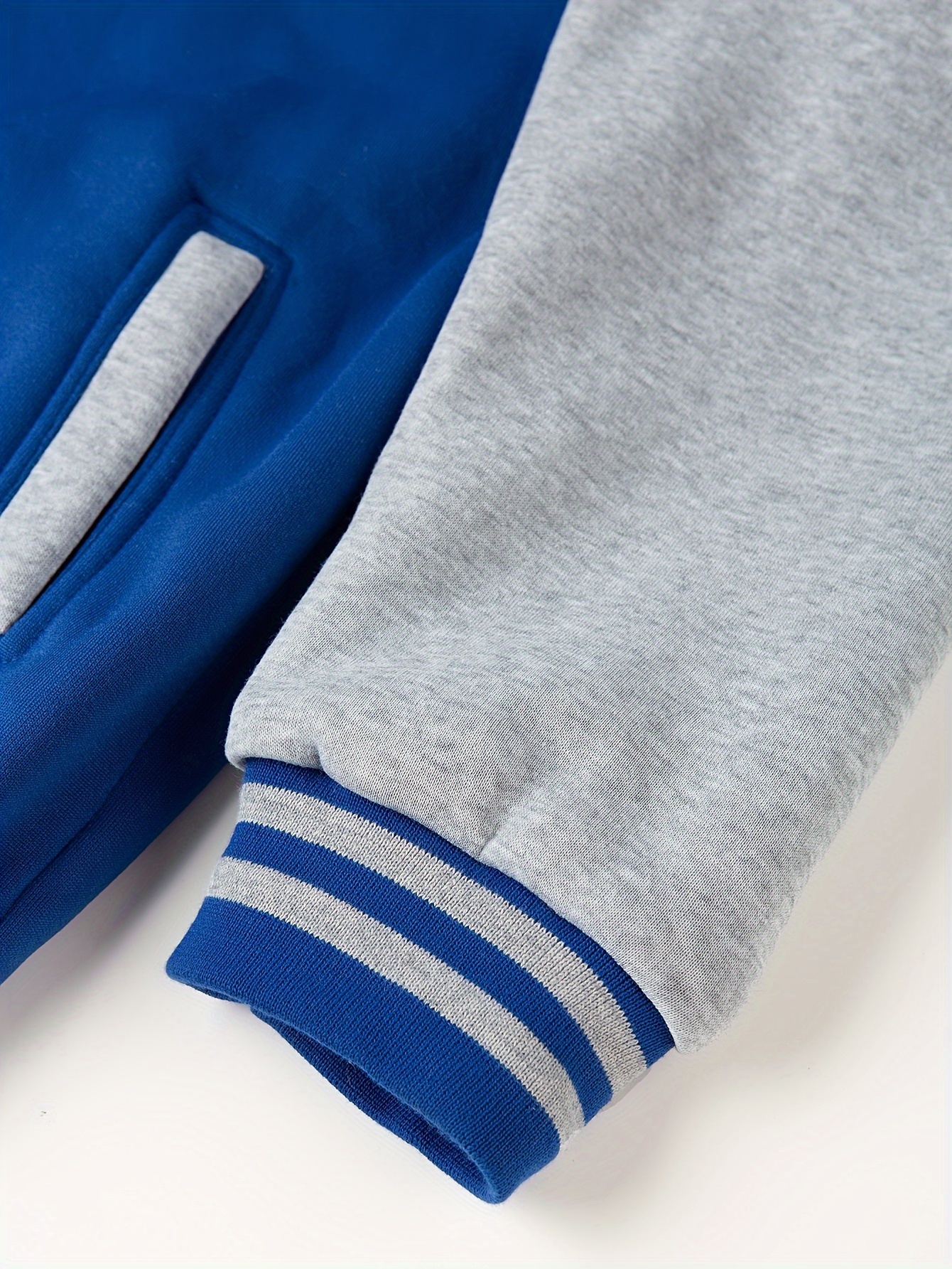 mens varsity style contrast color long sleeve and button down baseball jacket with stand collar and pockets chic and casual sports jacket for spring and autumn outdoors activities details 8