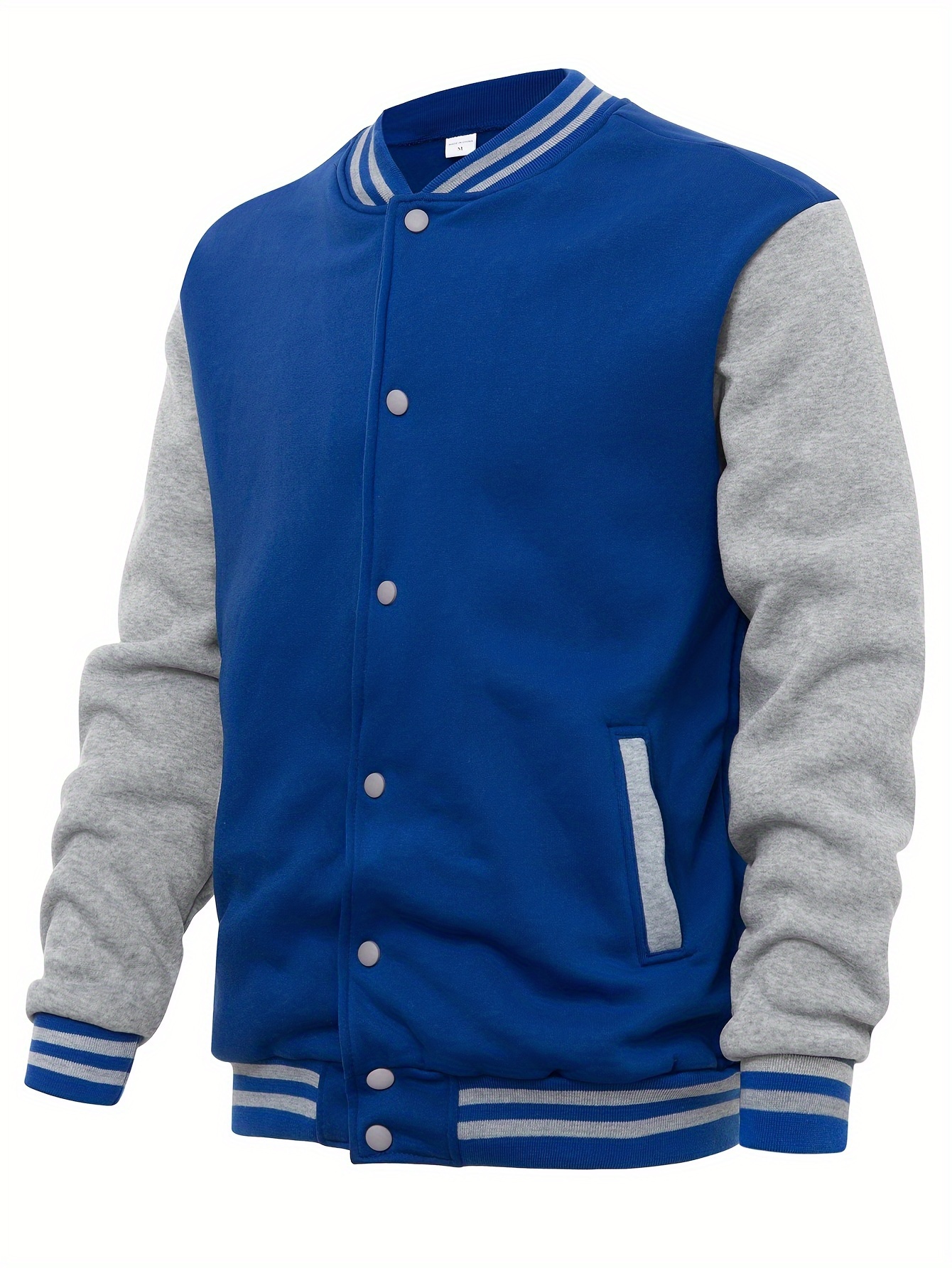 mens varsity style contrast color long sleeve and button down baseball jacket with stand collar and pockets chic and casual sports jacket for spring and autumn outdoors activities details 13