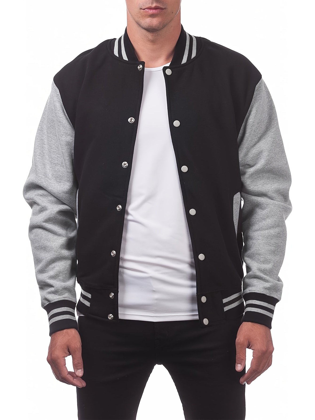 mens varsity style contrast color long sleeve and button down baseball jacket with stand collar and pockets chic and casual sports jacket for spring and autumn outdoors activities details 14