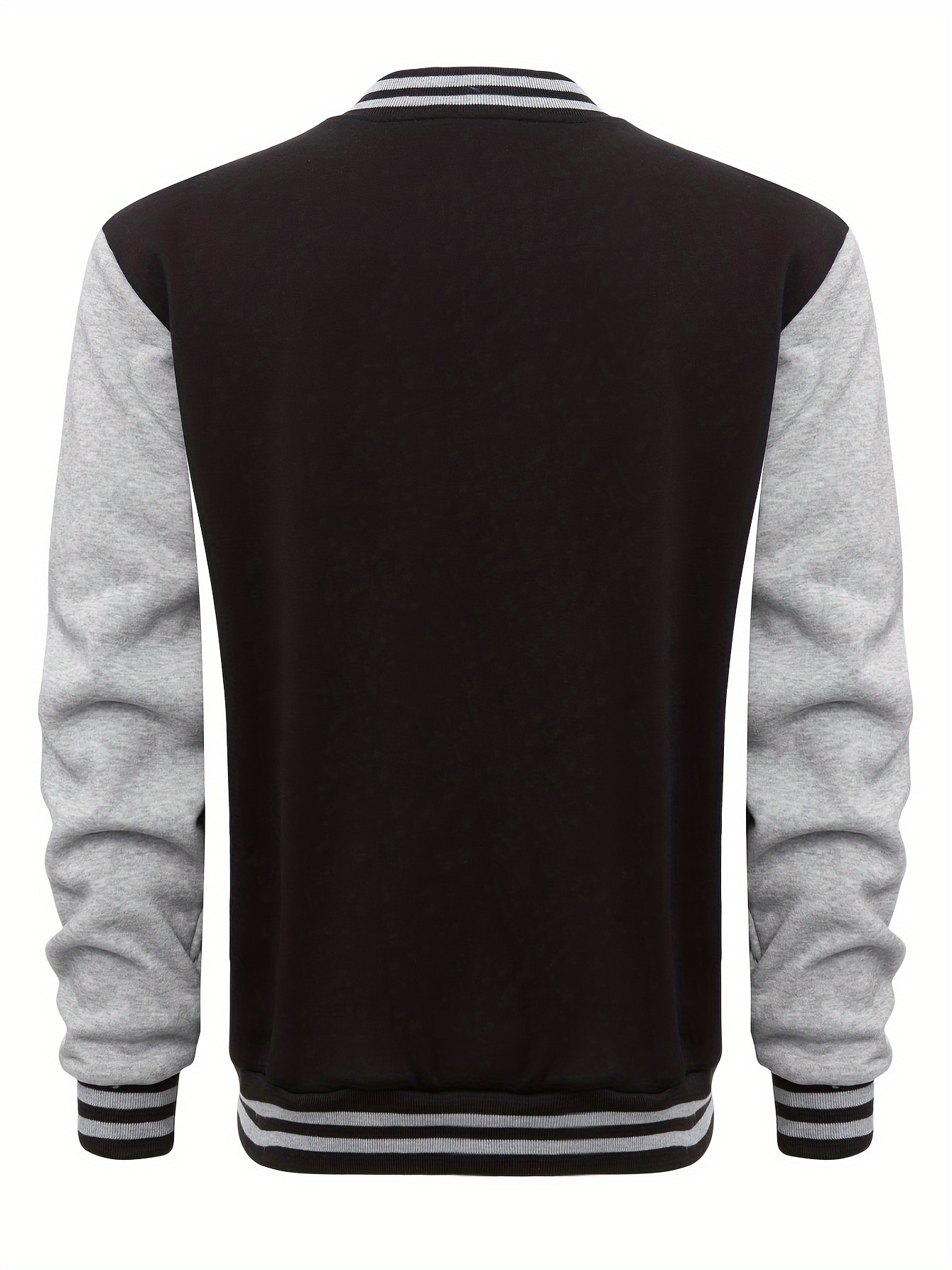 mens varsity style contrast color long sleeve and button down baseball jacket with stand collar and pockets chic and casual sports jacket for spring and autumn outdoors activities details 18