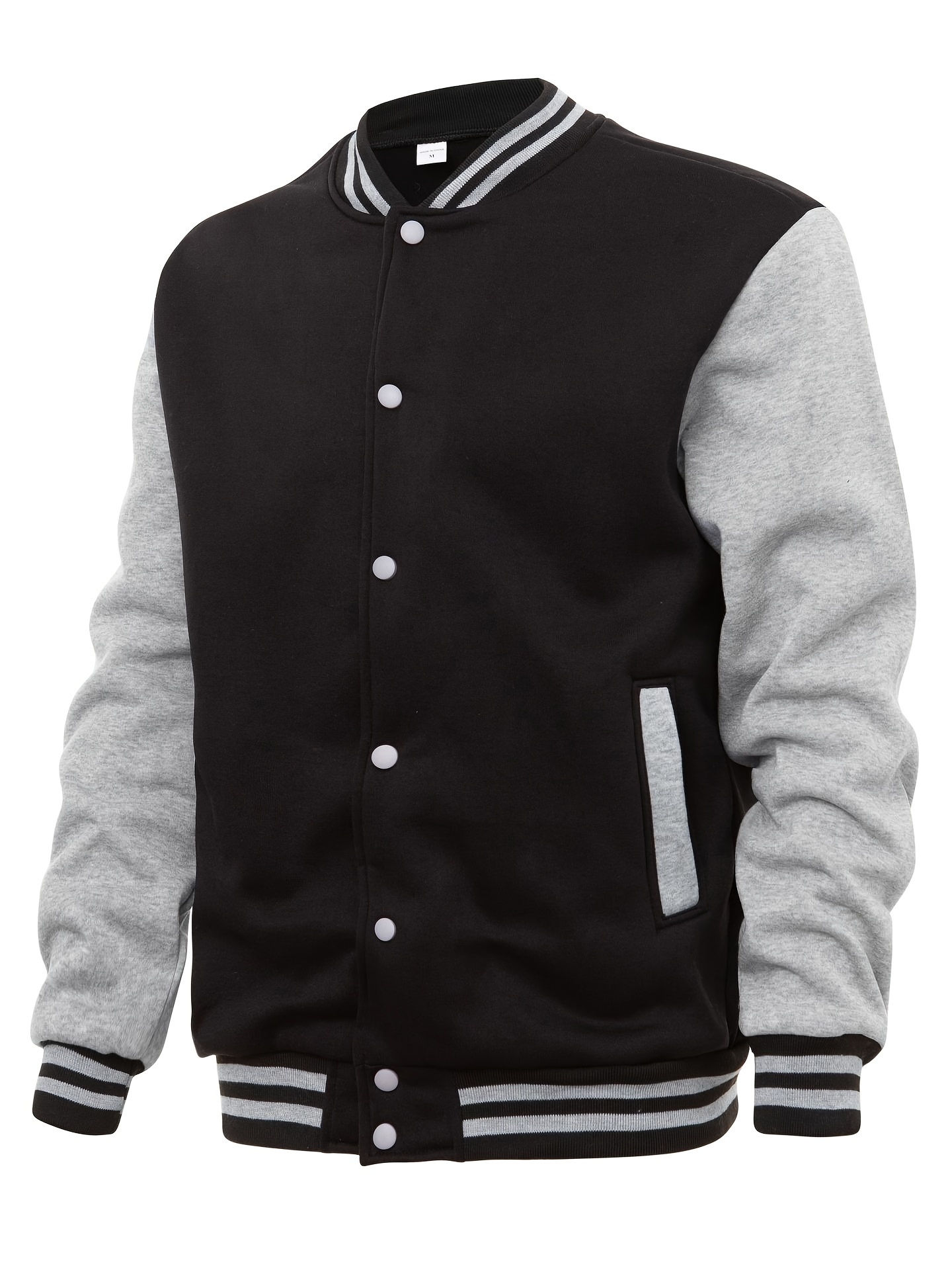 mens varsity style contrast color long sleeve and button down baseball jacket with stand collar and pockets chic and casual sports jacket for spring and autumn outdoors activities details 20