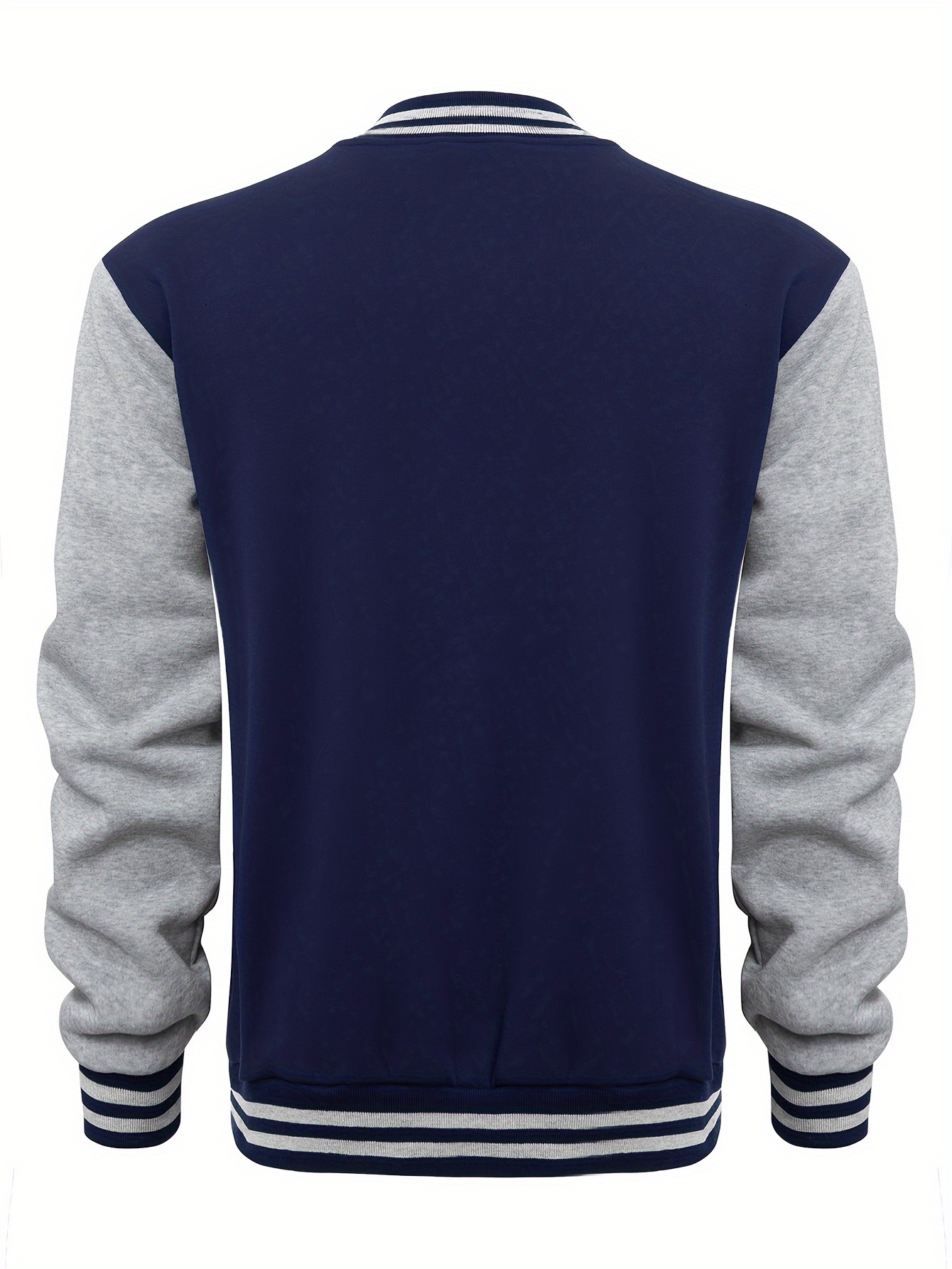 mens varsity style contrast color long sleeve and button down baseball jacket with stand collar and pockets chic and casual sports jacket for spring and autumn outdoors activities details 21