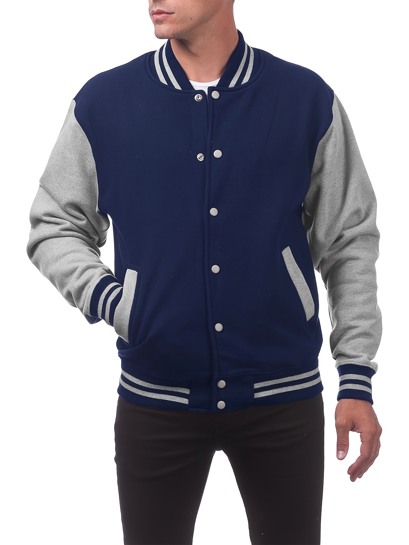 mens varsity style contrast color long sleeve and button down baseball jacket with stand collar and pockets chic and casual sports jacket for spring and autumn outdoors activities details 25